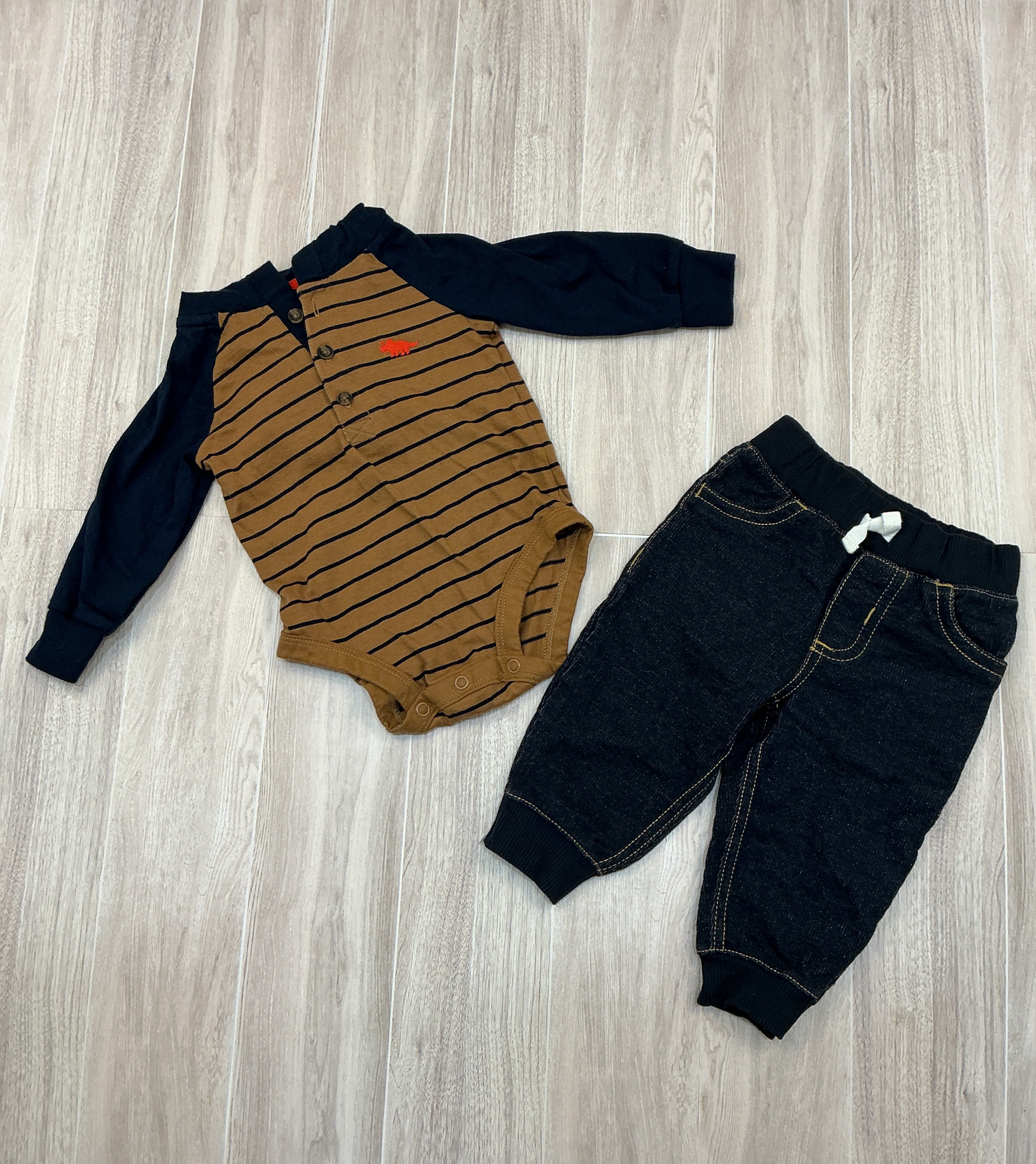 6m Striped Henley Dino Onesie & Denim Joggers Set