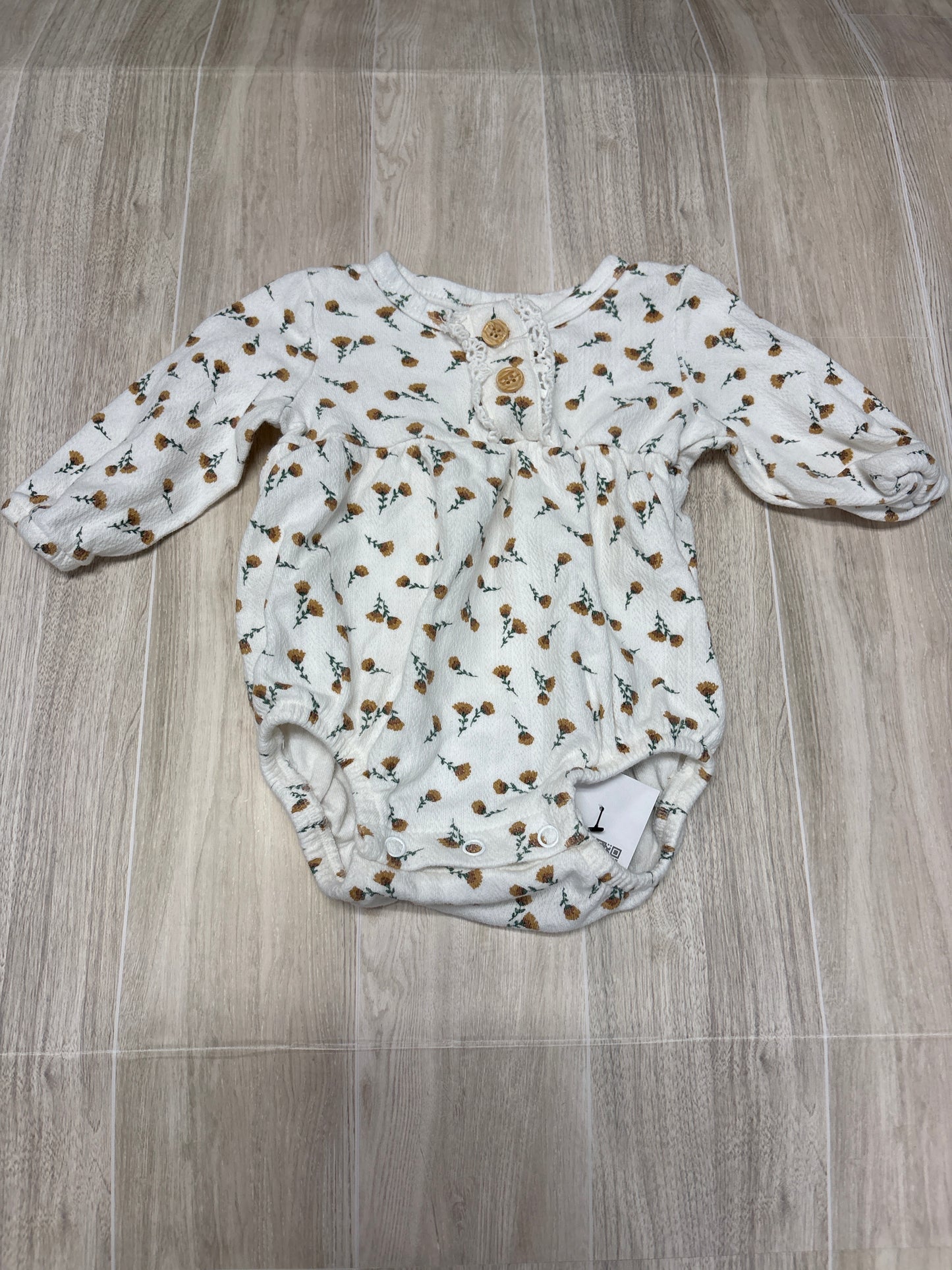 9m White/Brown Floral Long Sleeve Onesie