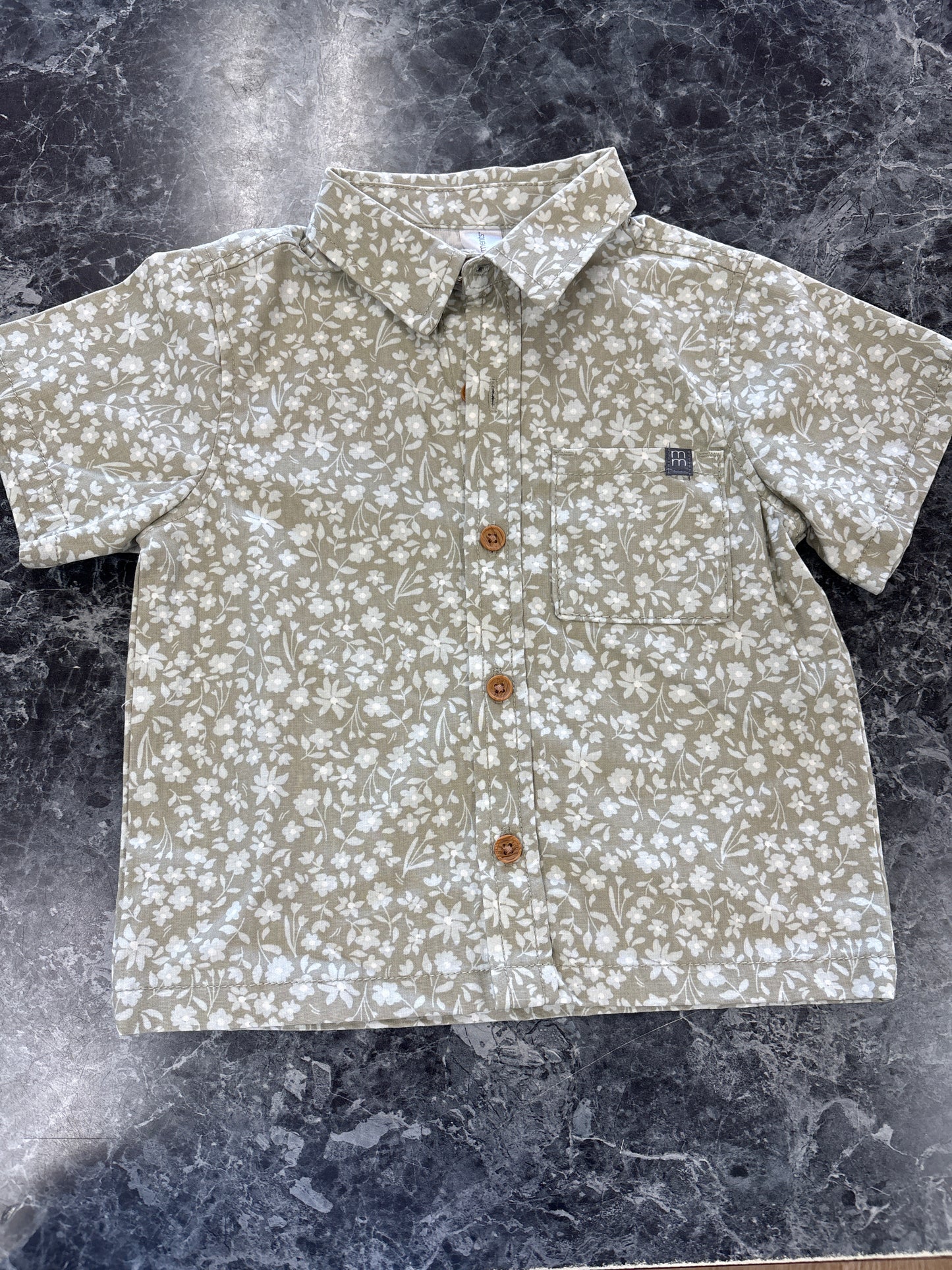 2T Olive Mini Floral Button Up Tee