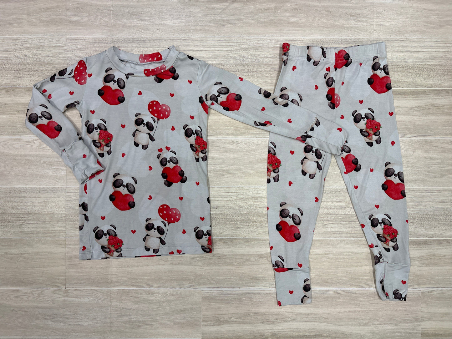 2T Bums & Roses Panda Love Light Grey 2 Piece Pajama Set