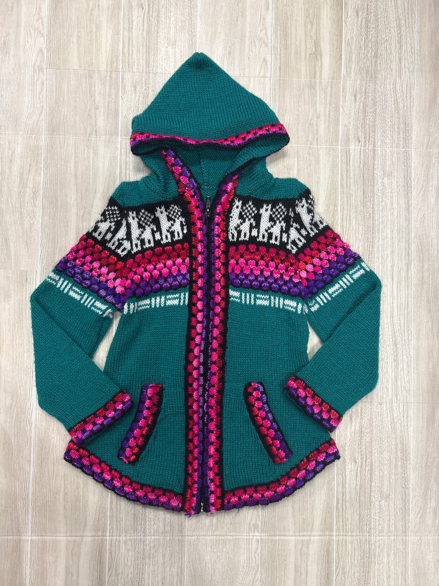 3/4 Teal Knit Pattern Zip Up Hoodie