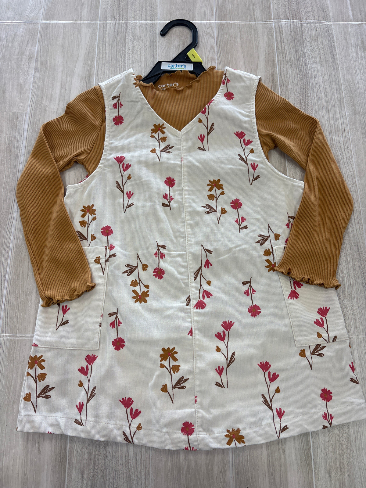 NWT 3T Mustard Ribbed Mock Neck Long Sleeve + Cream Floral Overall Dress Set