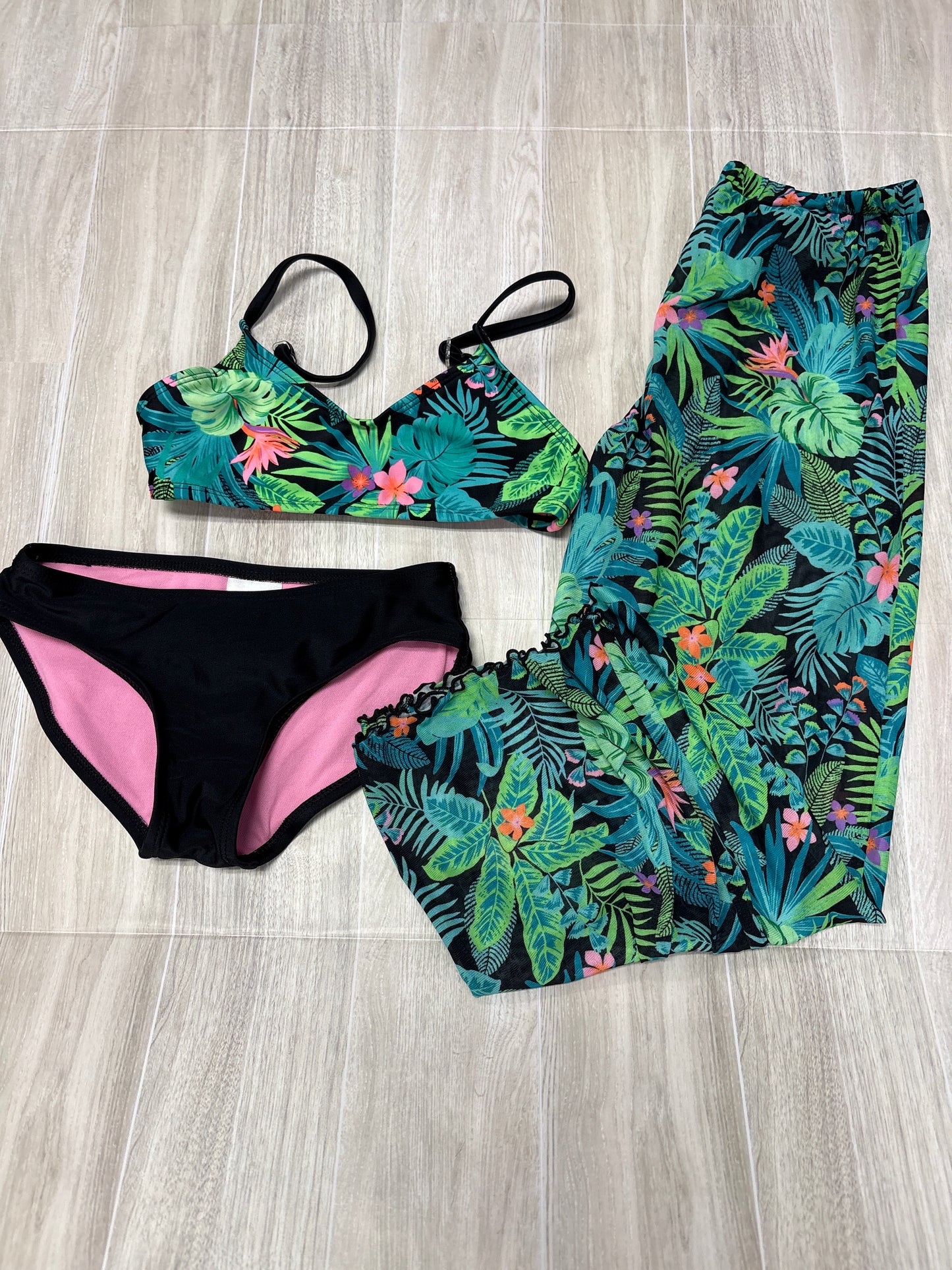 4/5 Black/Tropical Print 2 Piece Swim Suit + Pants Set