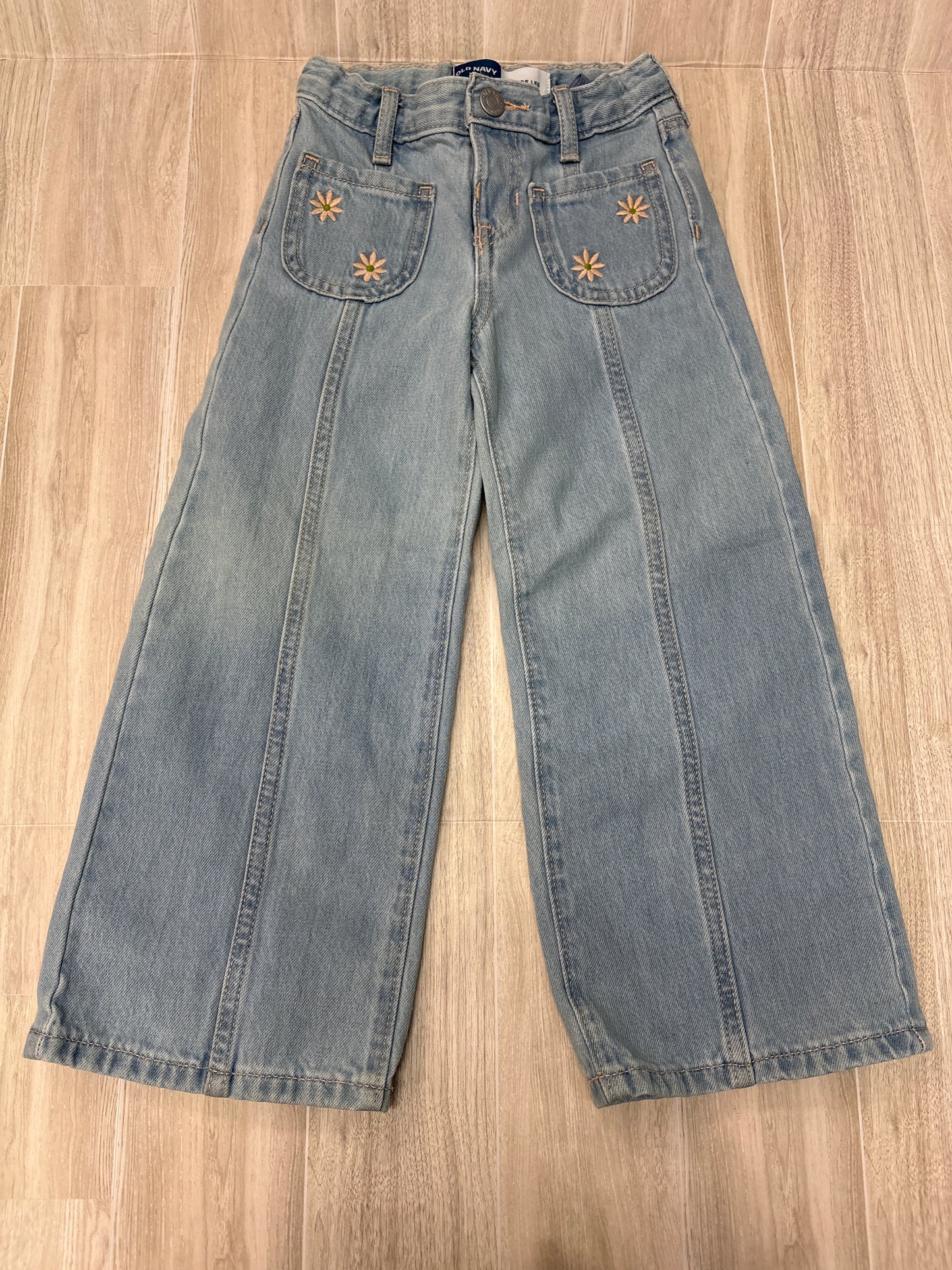 4T Light Wash Daisy Embroidered Wide Leg Pants