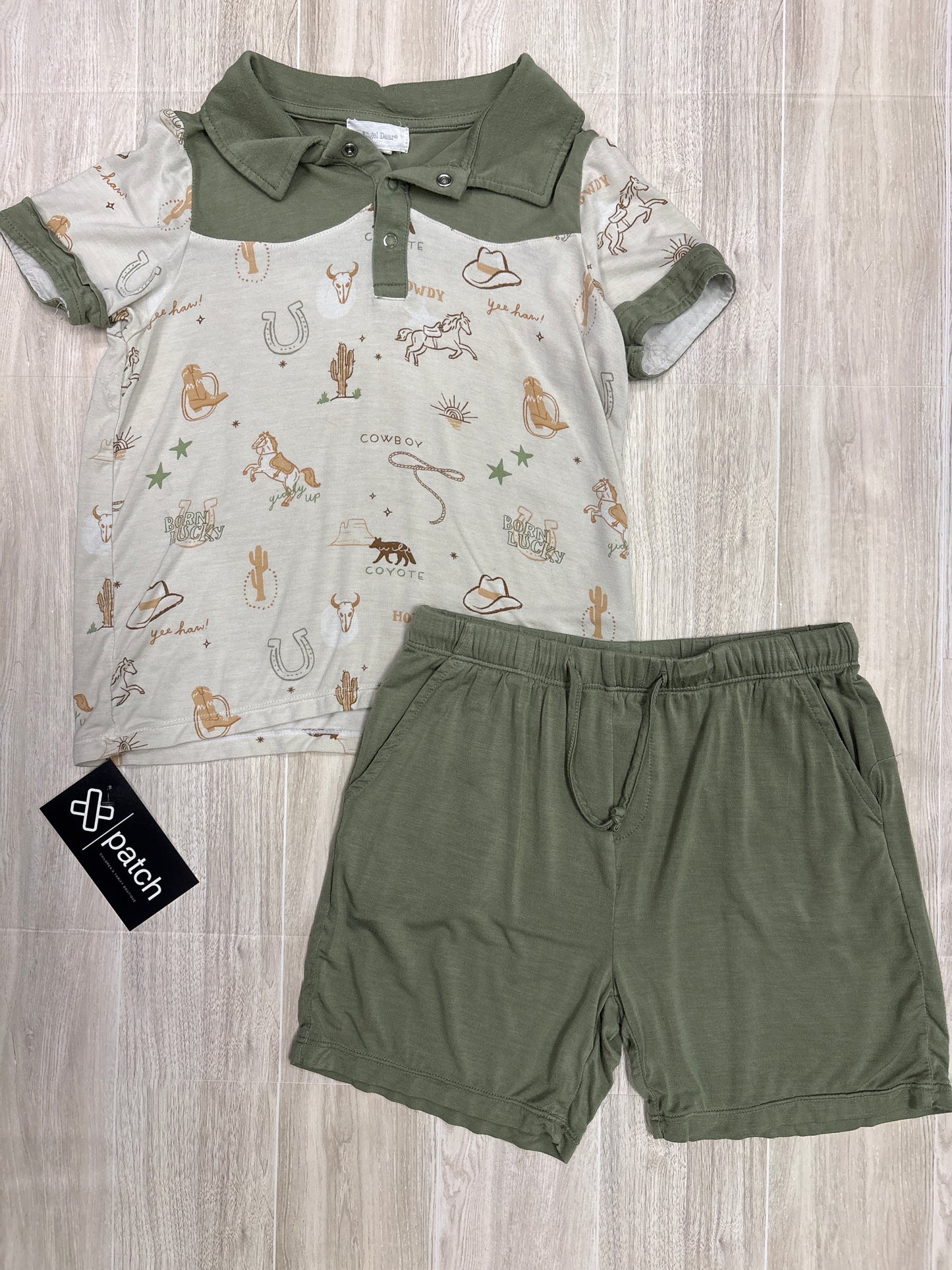 4T Angel Dear Green Western 2 Piece Shorts + Collared Shirt Set
