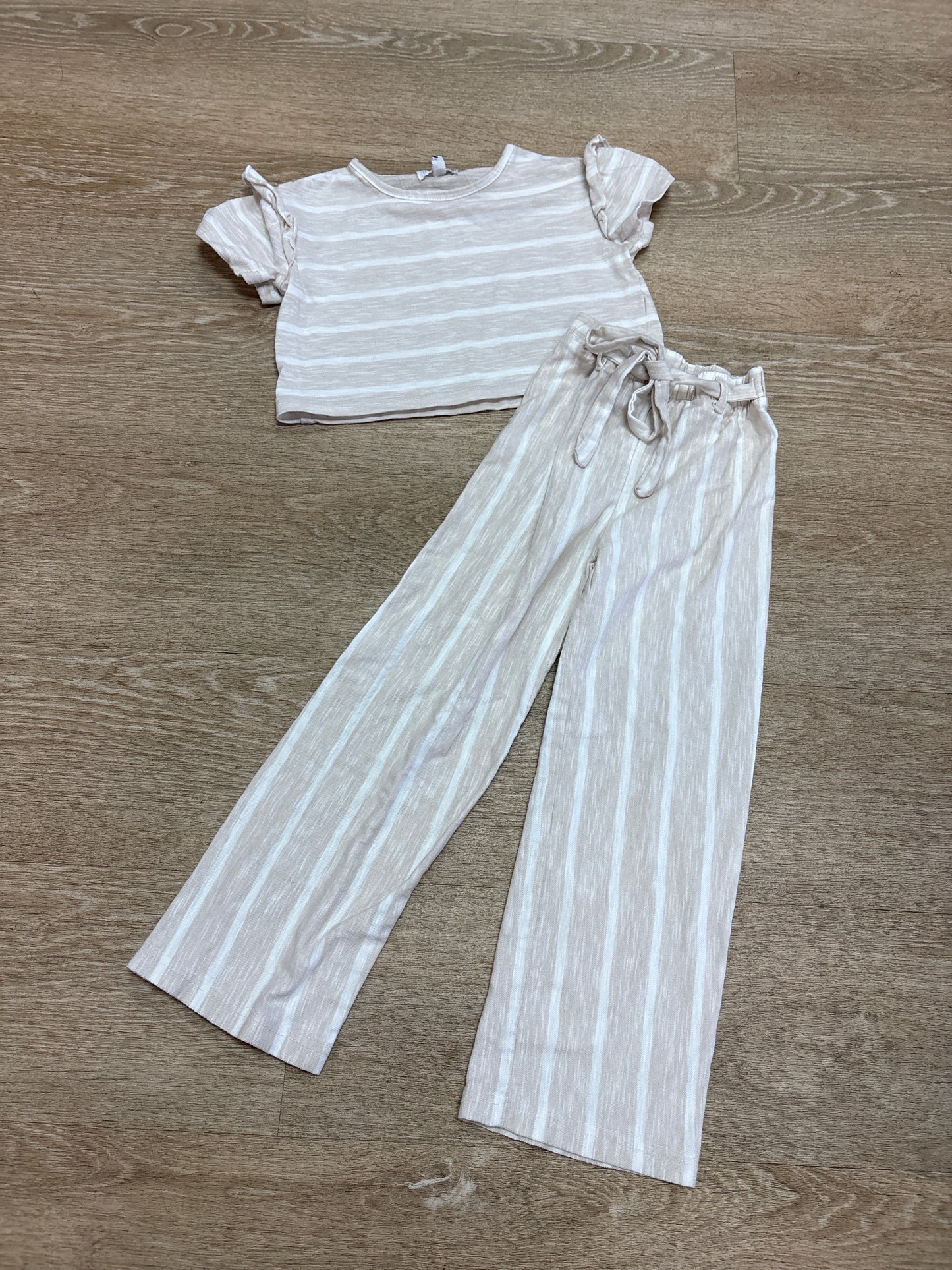 6 Beige/White Striped 2 Piece Shirt + Pants Set