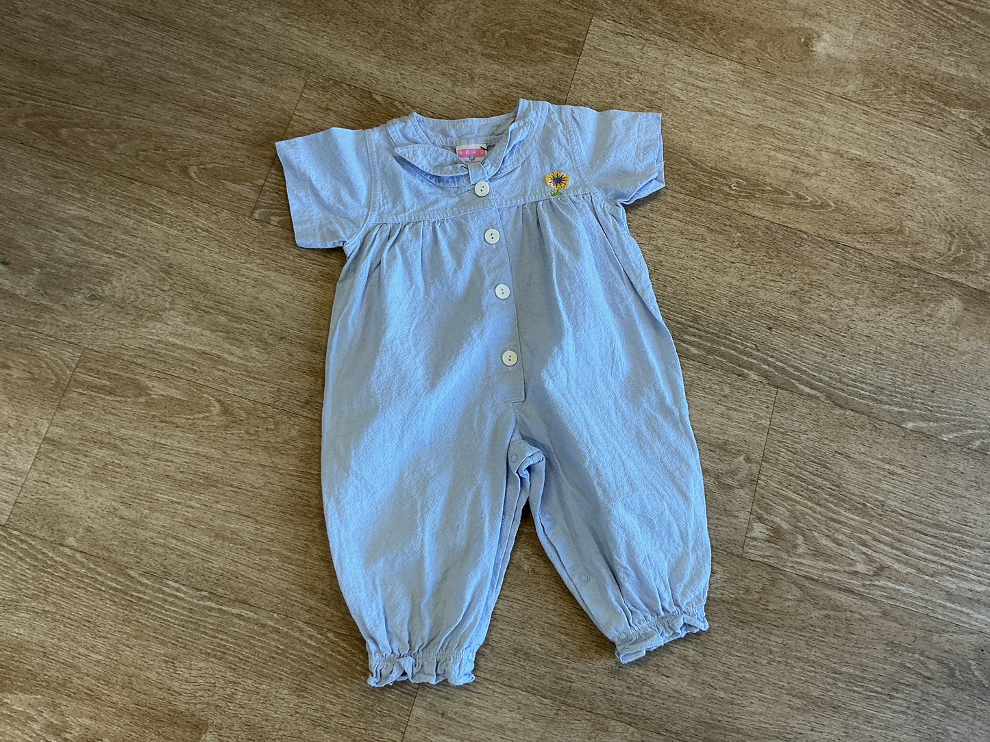 12m Vintage Brag-a-bouts Light Blue Sunflower Stitched Bubble Romper
