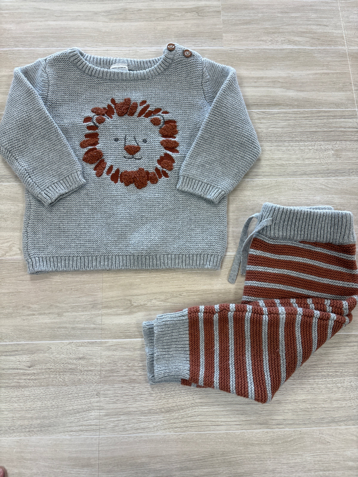 6m Grey Knit Lion Sweater + Knit Striped Pant
