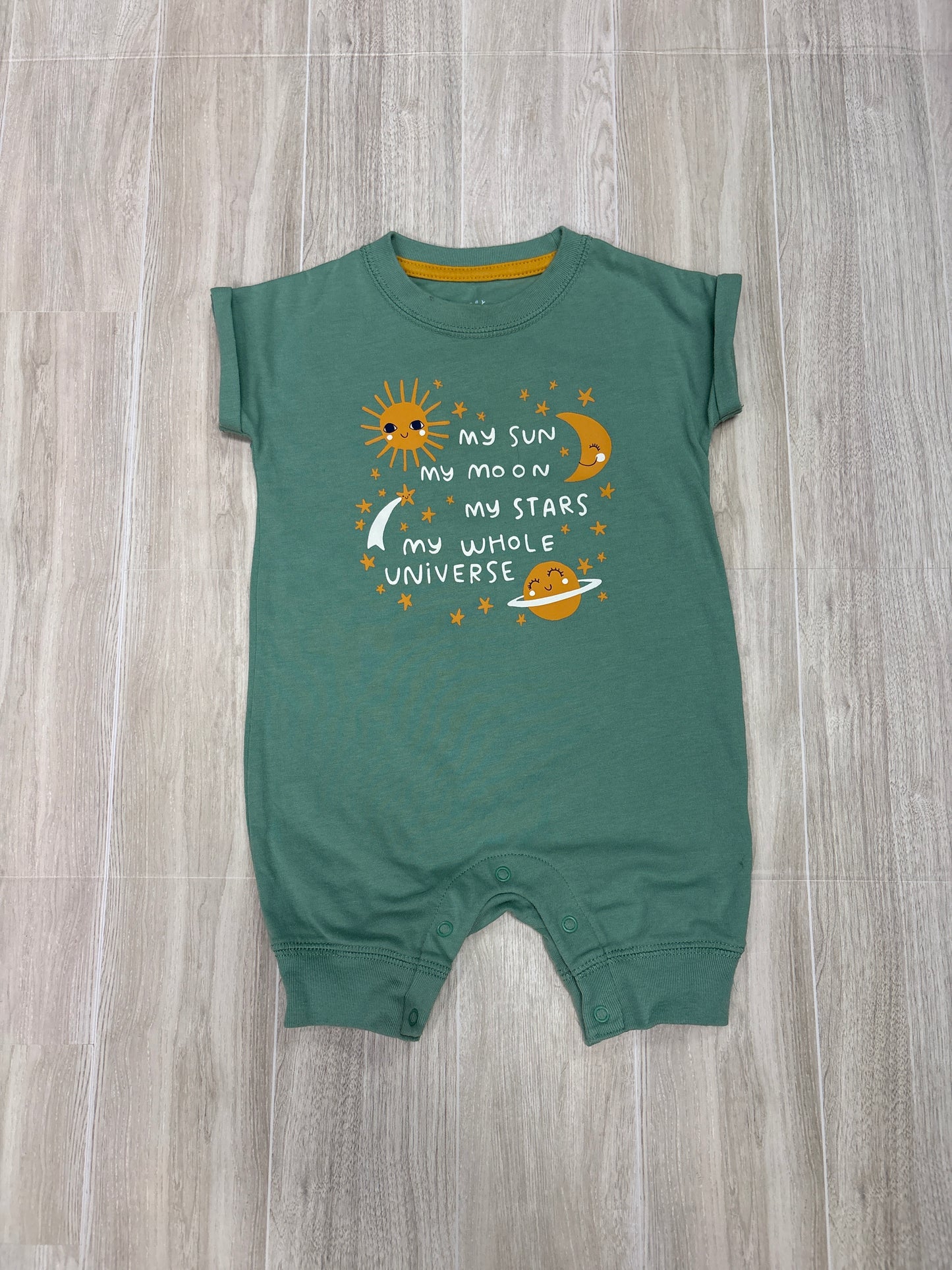 3-6m Green Sun, Moon, Stars, Shortie Romper