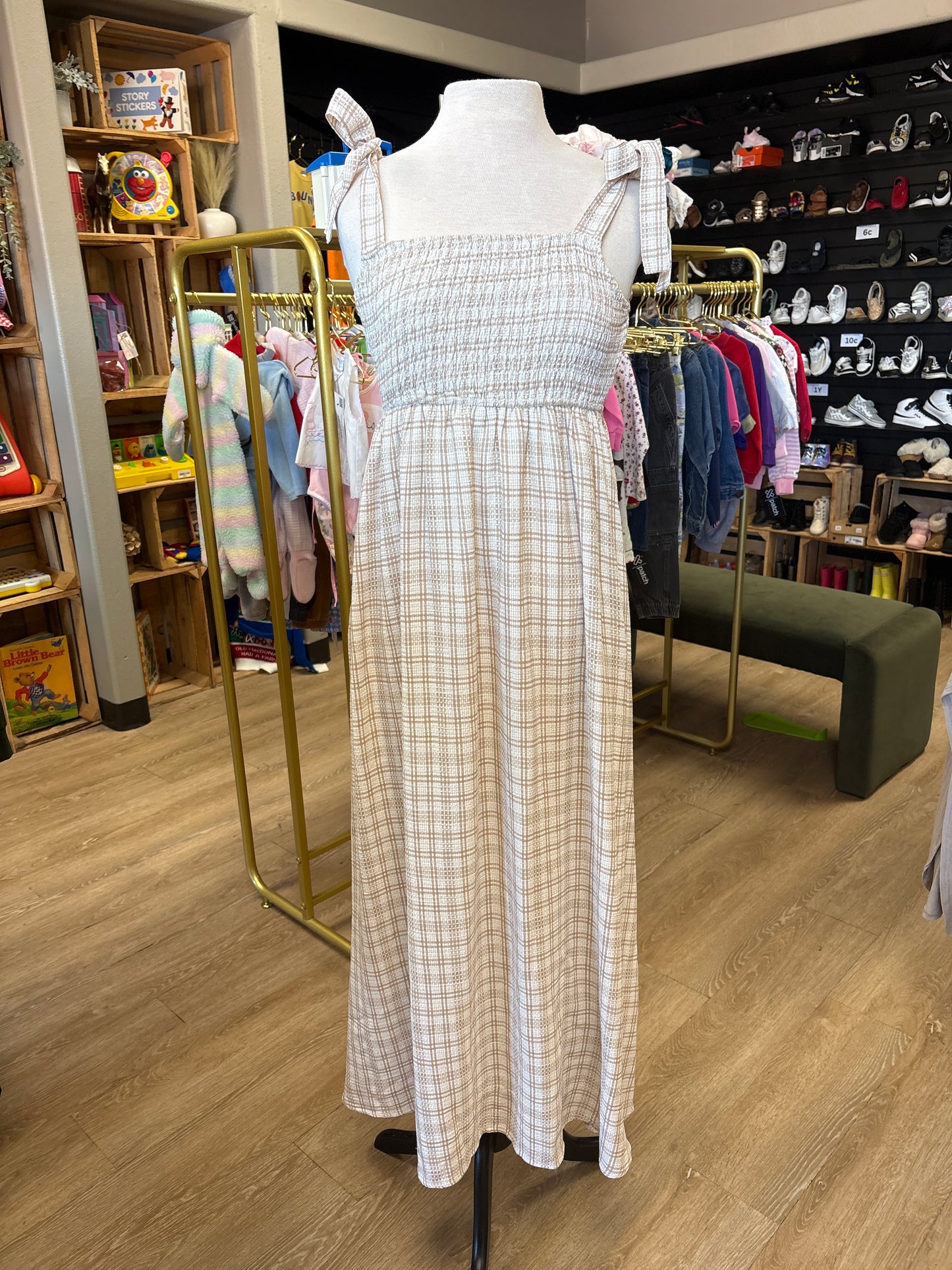 Womens Small Carly Jean Brown/Cream Plaid Tie Top Cinch Maxi Dress