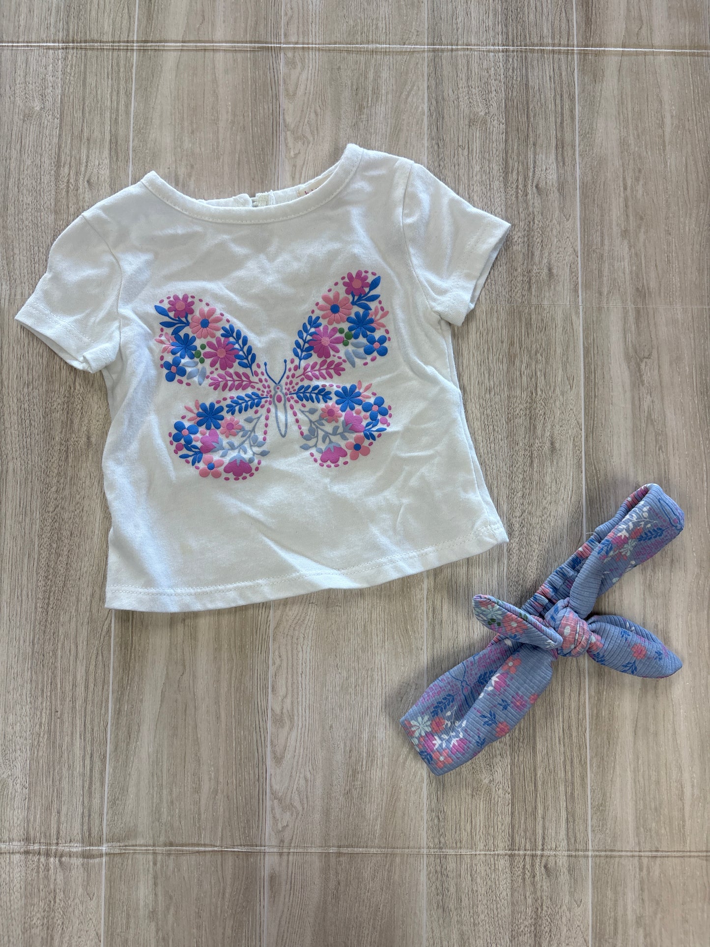 12m White Butterfly Graphic Tee + Headband Set