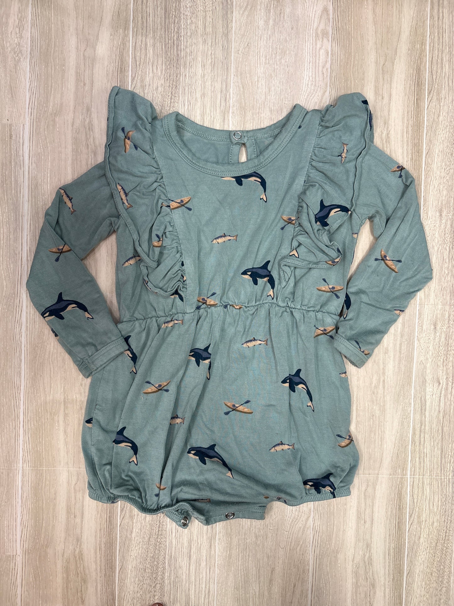 12-18m Kyte Dusty Blue Orcas and Kayaks Ruffled Romper