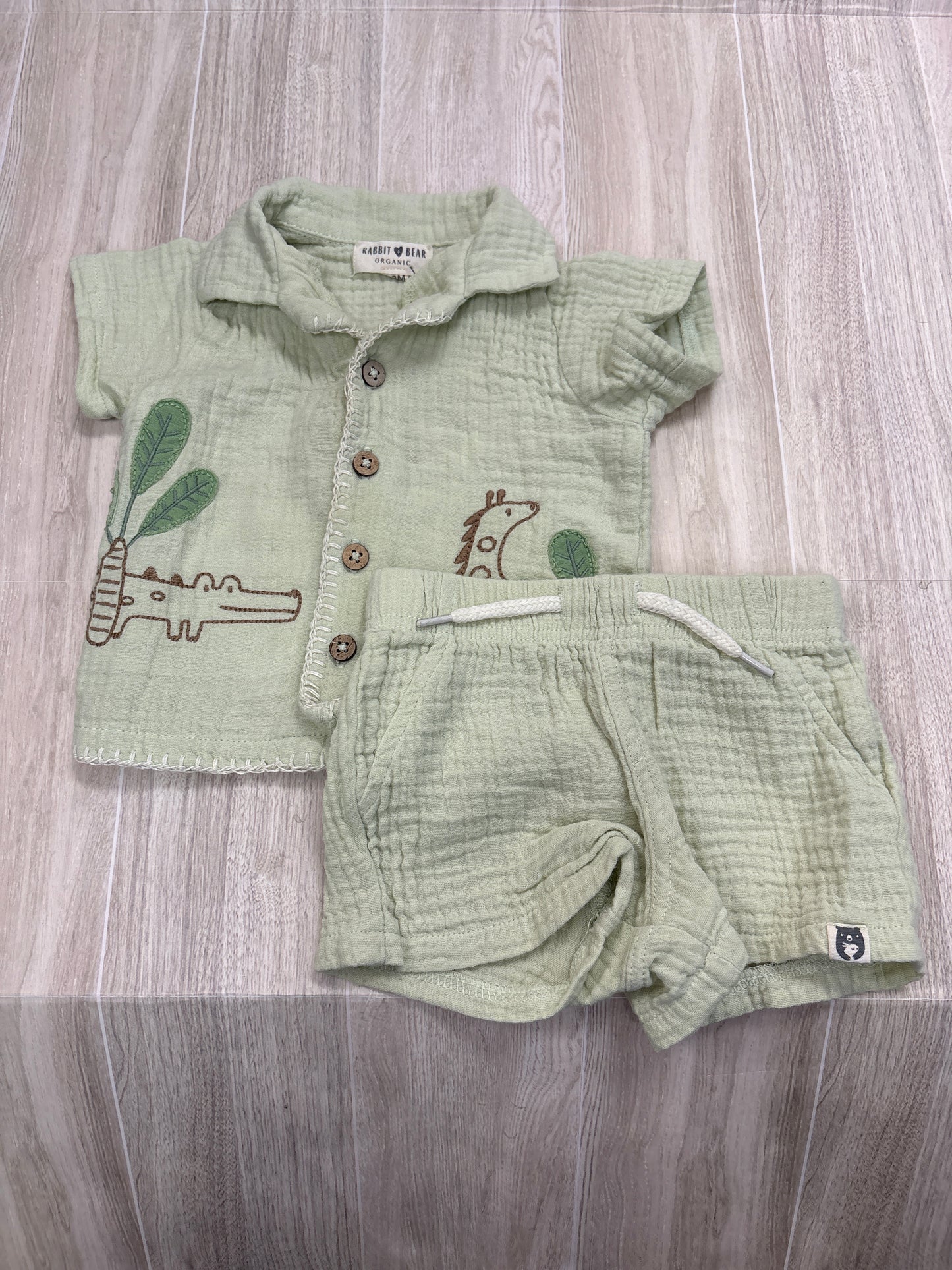 0-3m Organic Light Green Giraffe Gauze 2 Piece Set