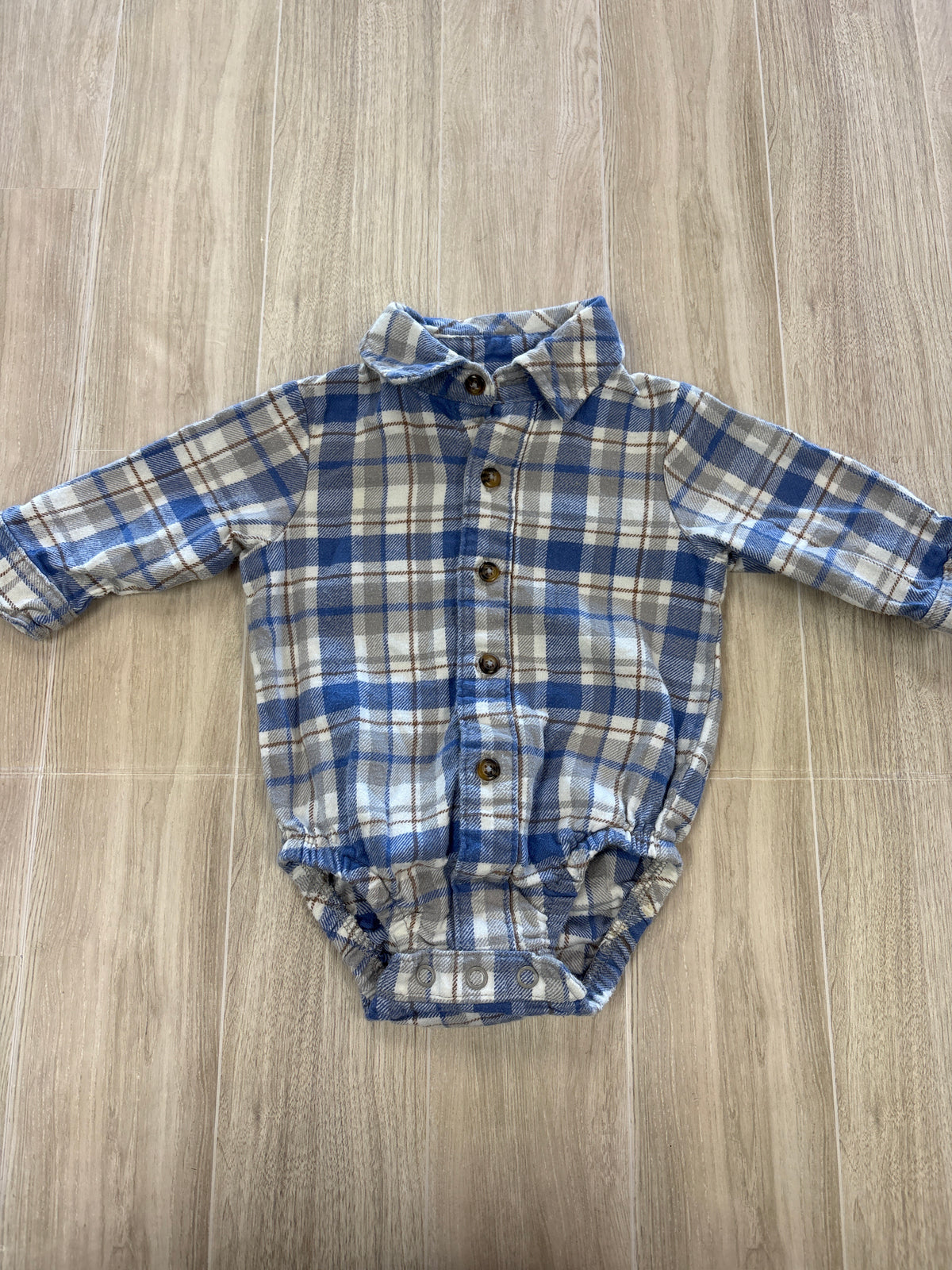 3m Blue/White Button Up Plaid Long Sleeve Onesie