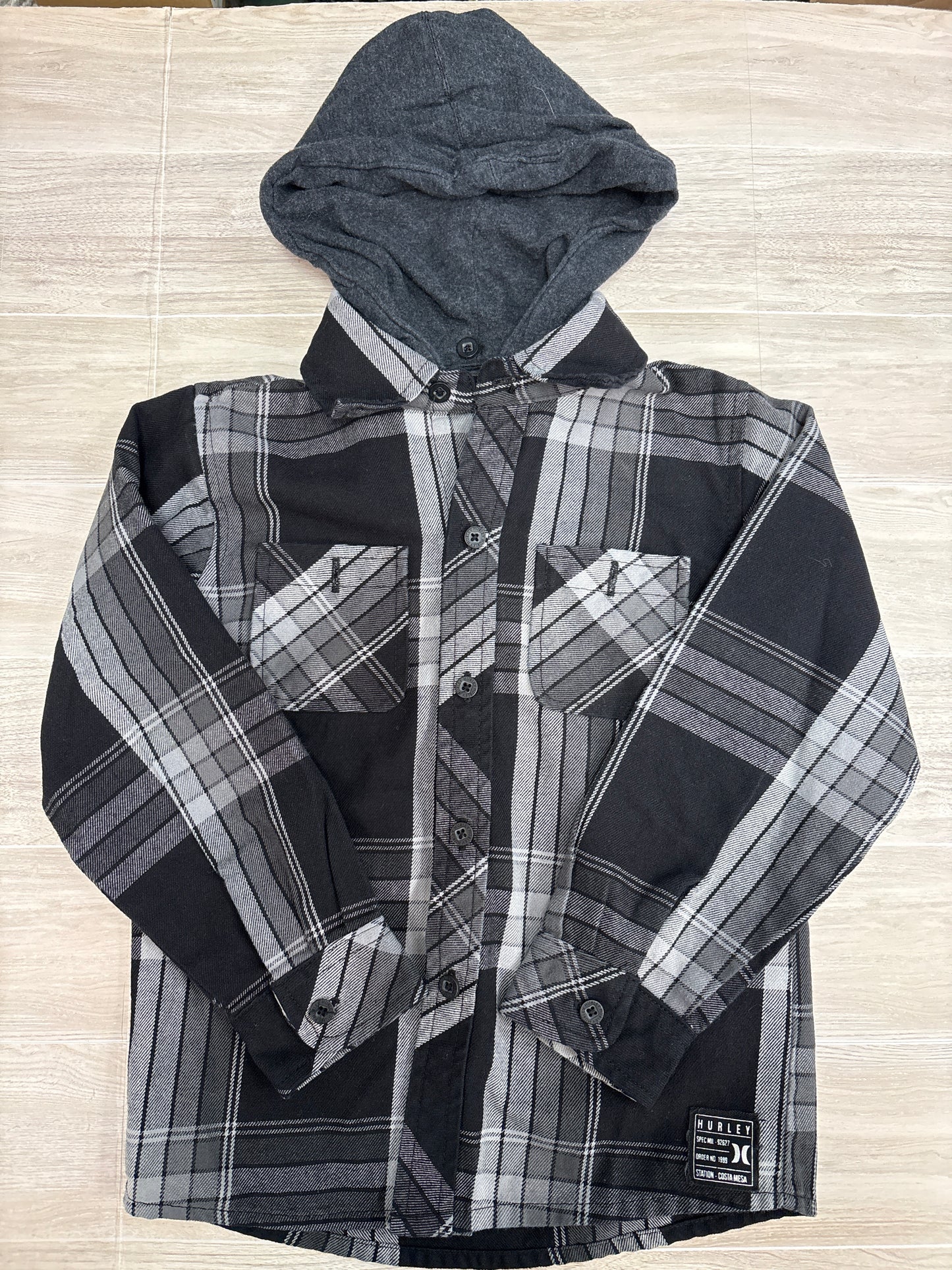 4T Hurley Black/Grey Plaid Hooded Flannel Shirt