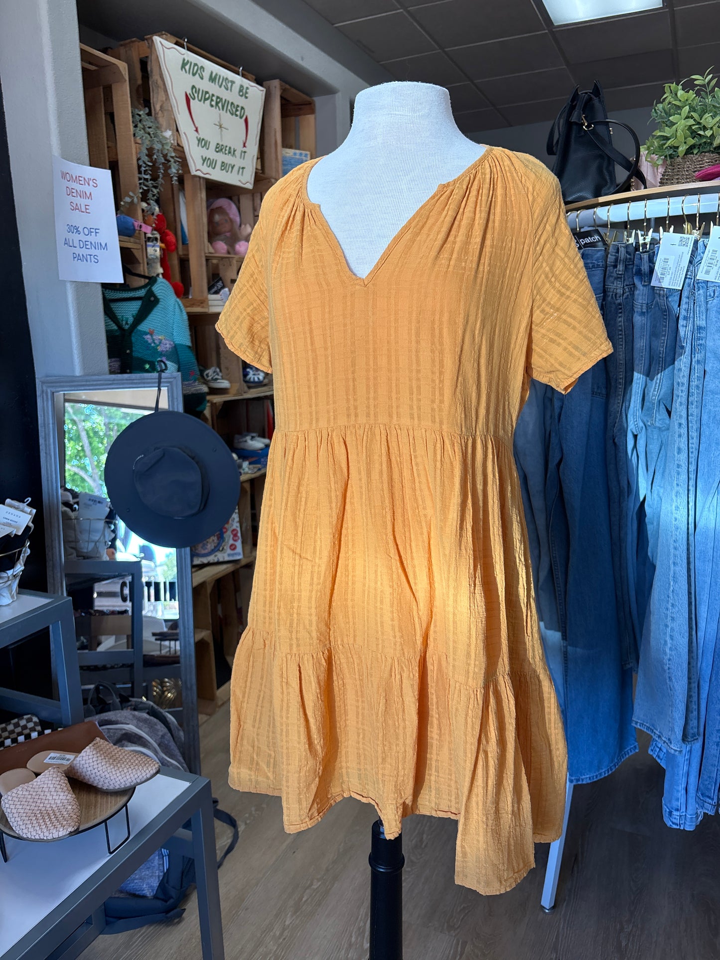 Womens Medium Golden Yellow V Neck Dress