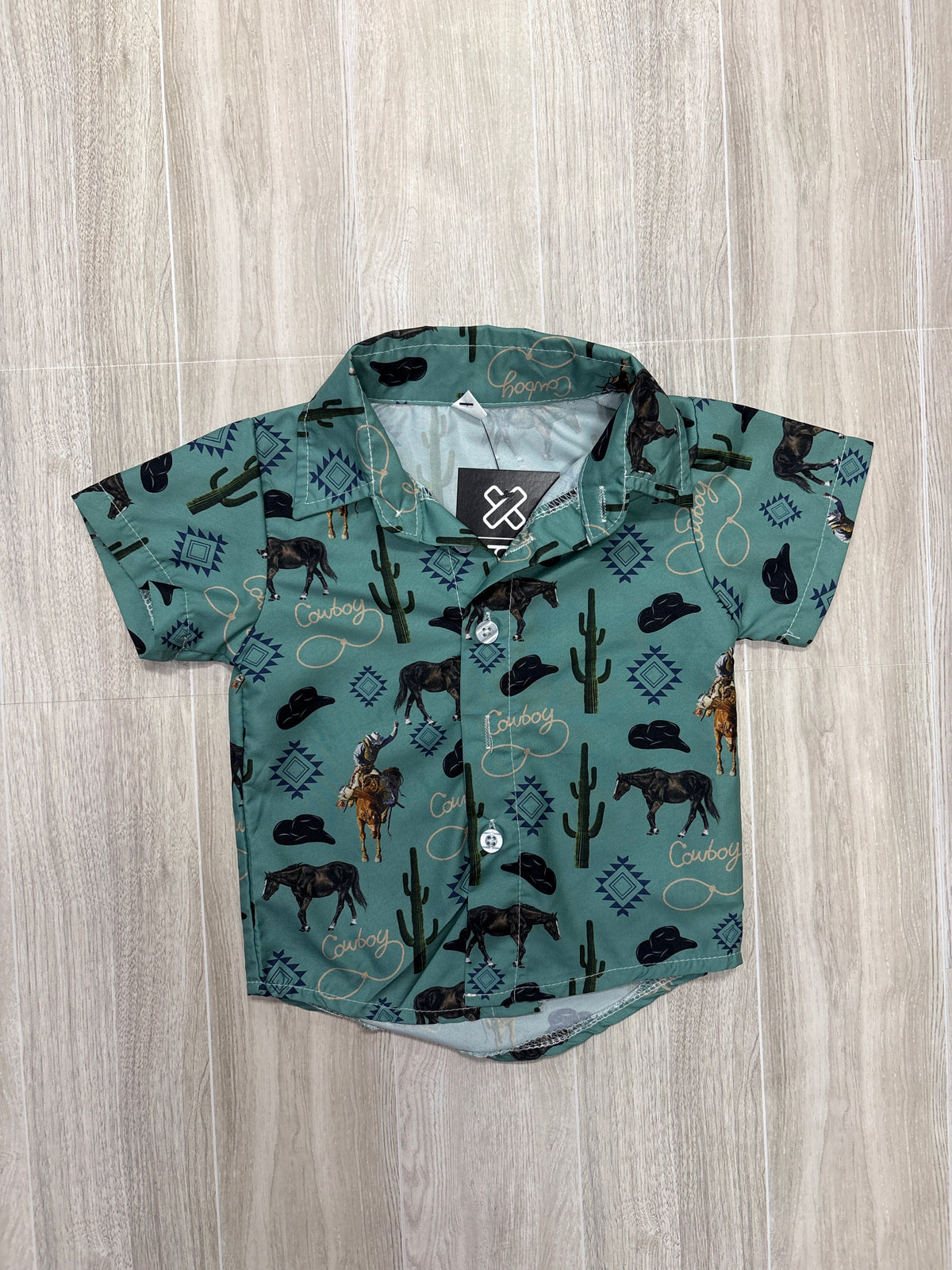 6m Teal Cowboy Graphic Button Up