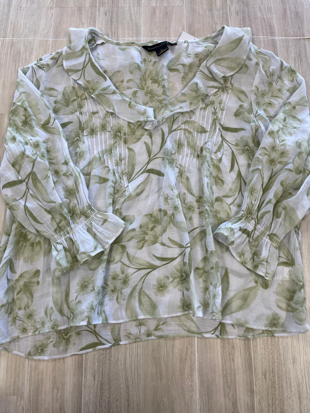 Womens Large Sheer Green/White Floral Ruffle Collar Long Sleeve