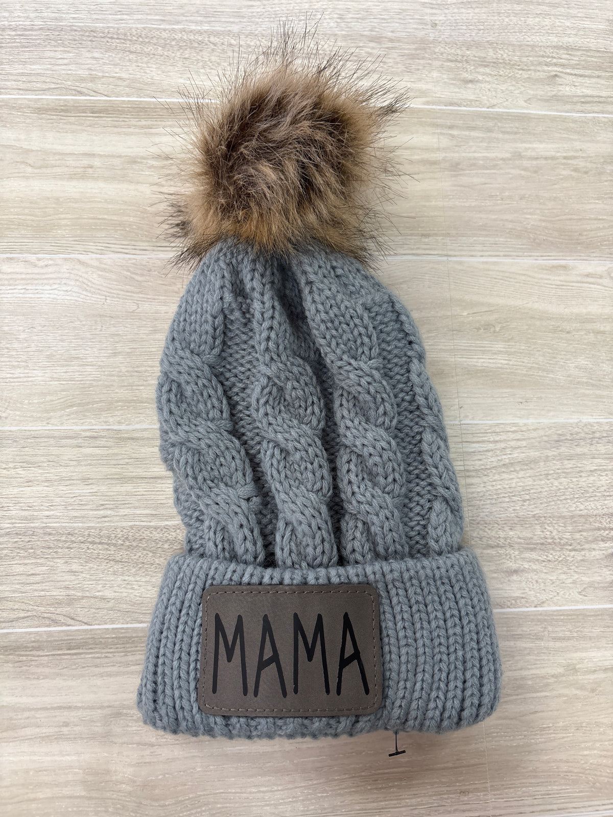 Grey Knit Mama Pom Beanie (Matching Mini Beanie)