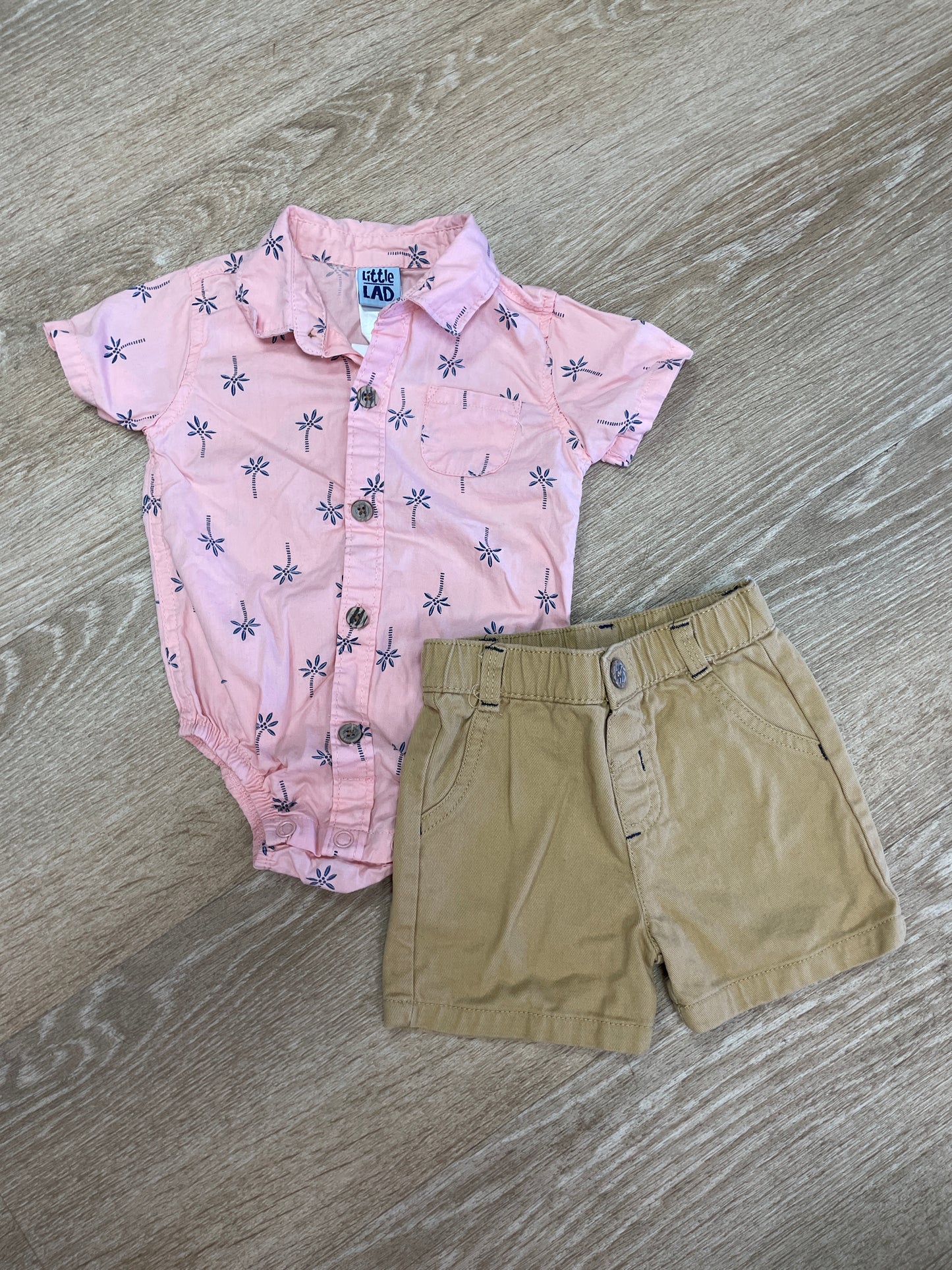 6-9m Pink Palm Tree Button Onesie + Pull On Shorts Set