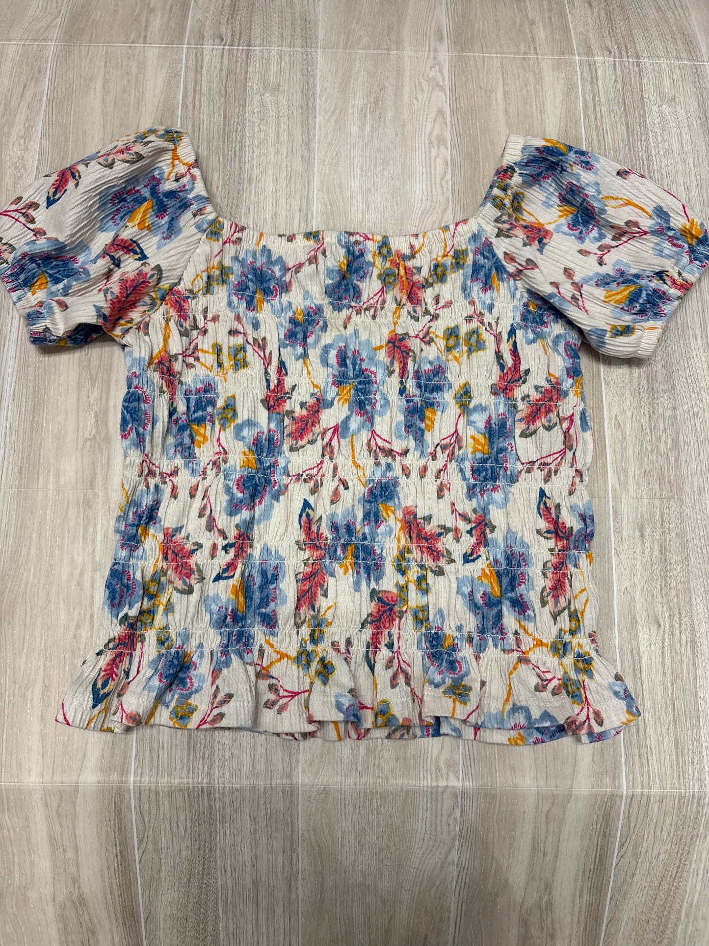 8 Cream Blue Floral Smocked Top