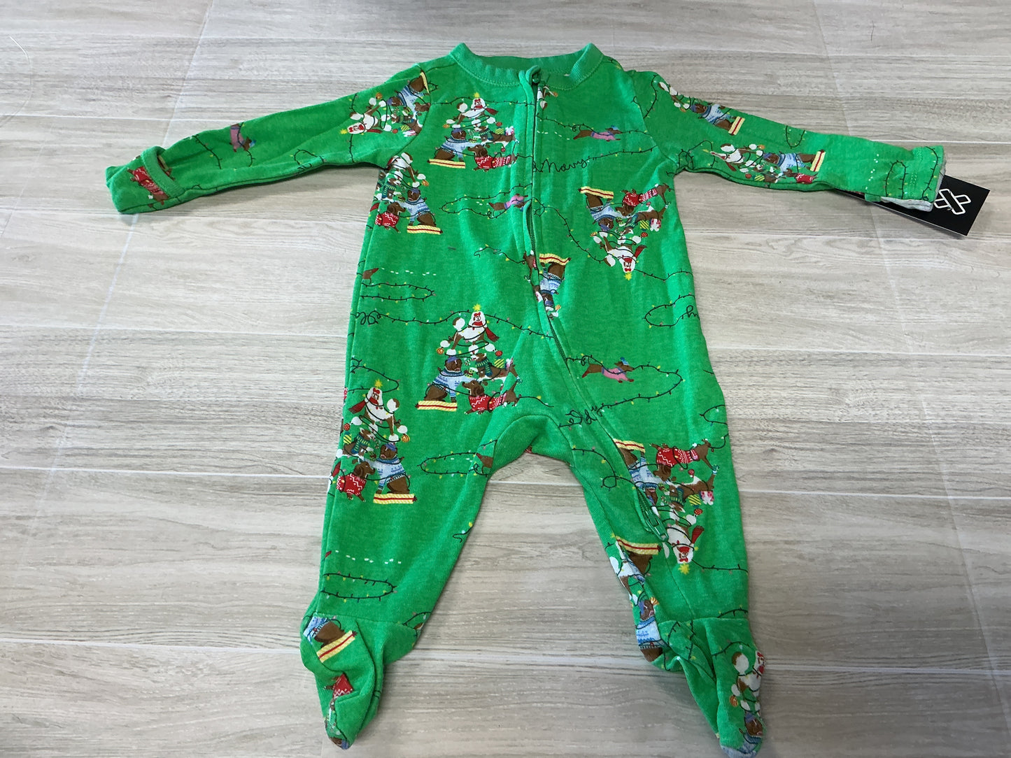 0-3m Green Holiday Dog with Lights Pajama