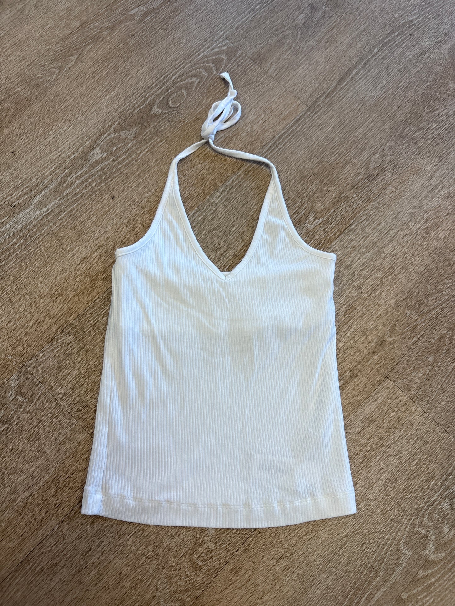 Womens Medium Ribbed V Neck Halter Top - White