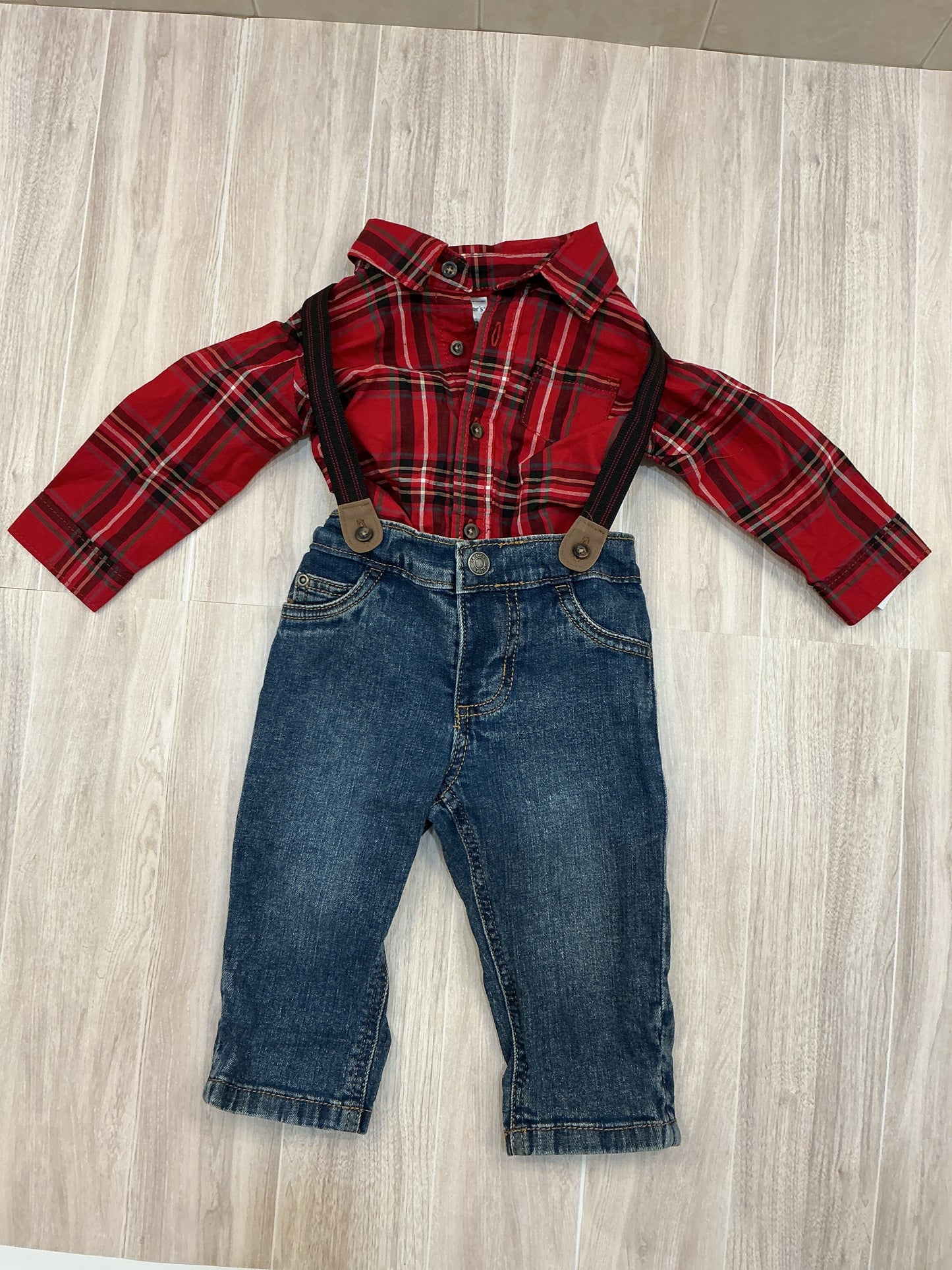 NWT 9m Plaid Button Up & Denim Overall Set