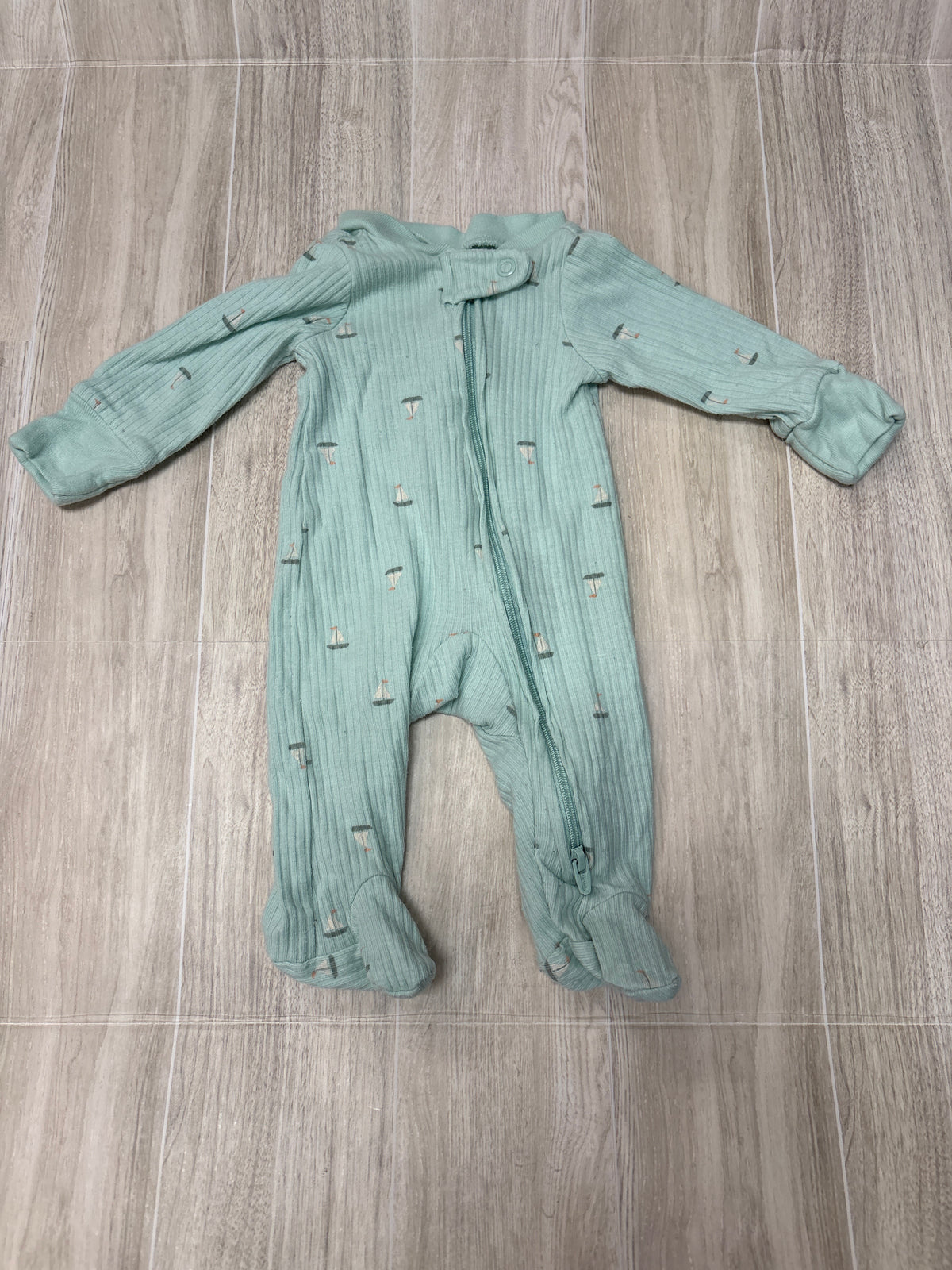Preemie Mint Sailboat Ribbed Pajama