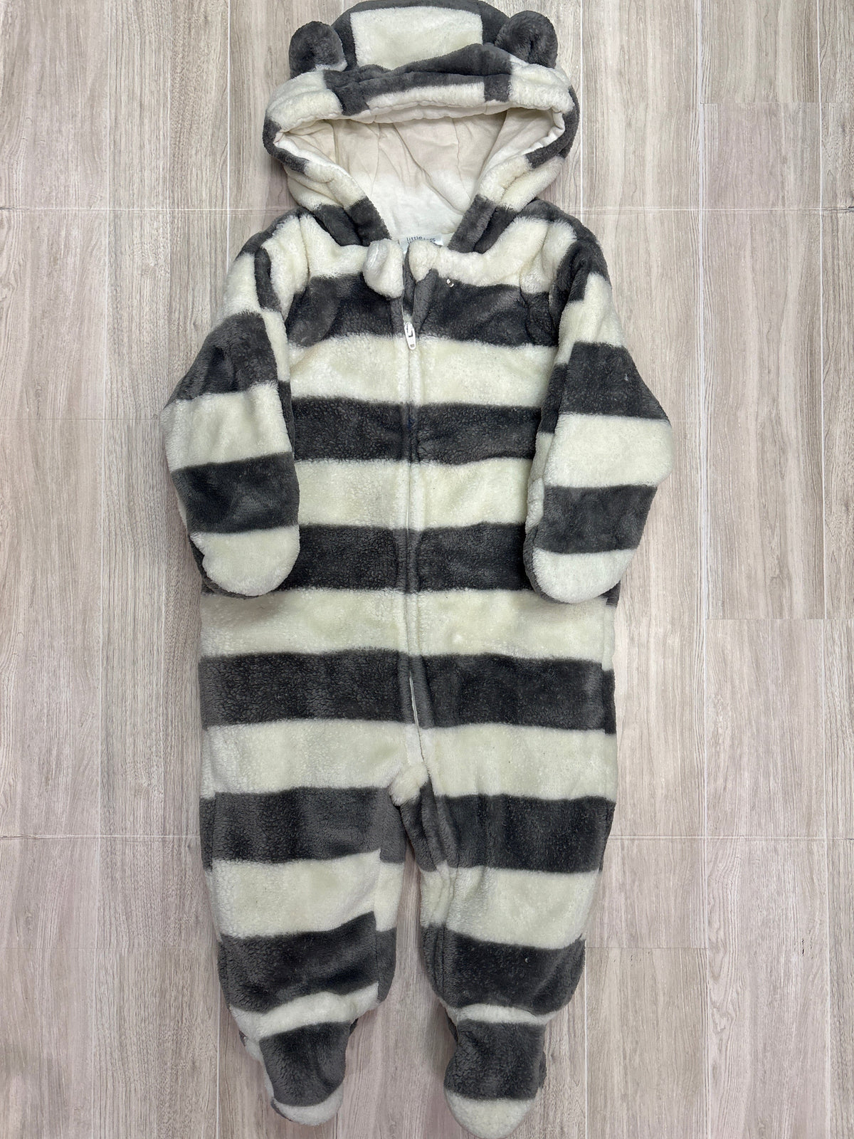 6-9m Grey/White Striped Hooded Bear Cozy Suit