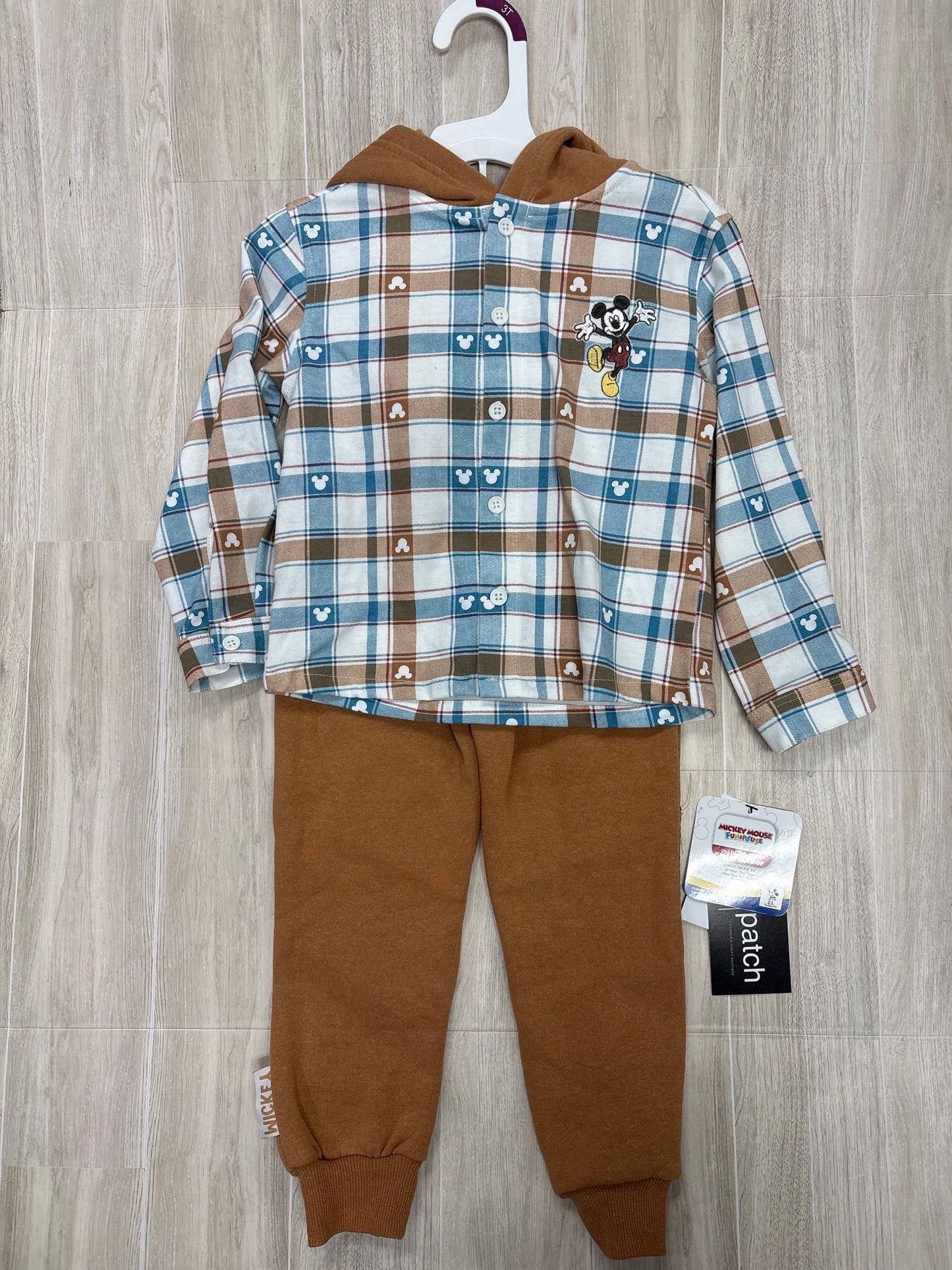 NWt 3T Mickey Brown/Blue Plaid Hooded Flannel + Camel Jogger Set