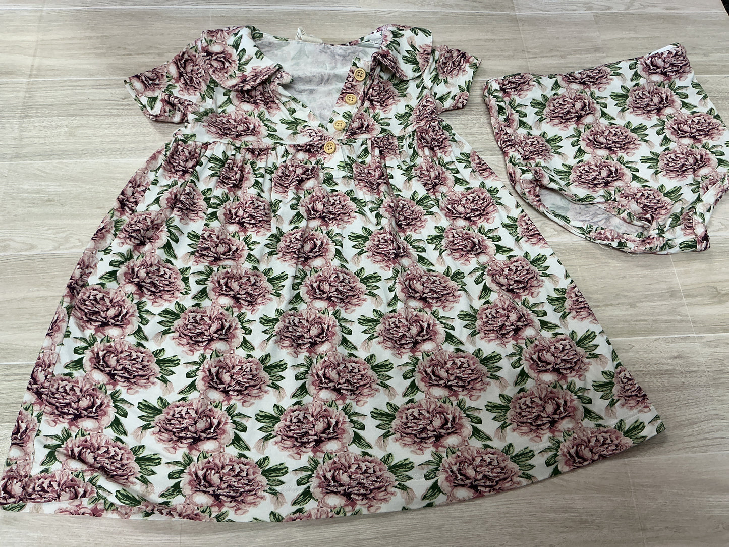 12-18m Kate Quinn Bamboo Purple Rose Button Dress + Bloomer