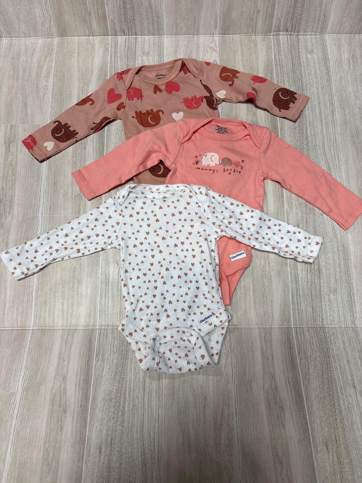 Newborn Long Sleeve Onesie 3 Pack White Hearts/Peach/Mauve Elephants