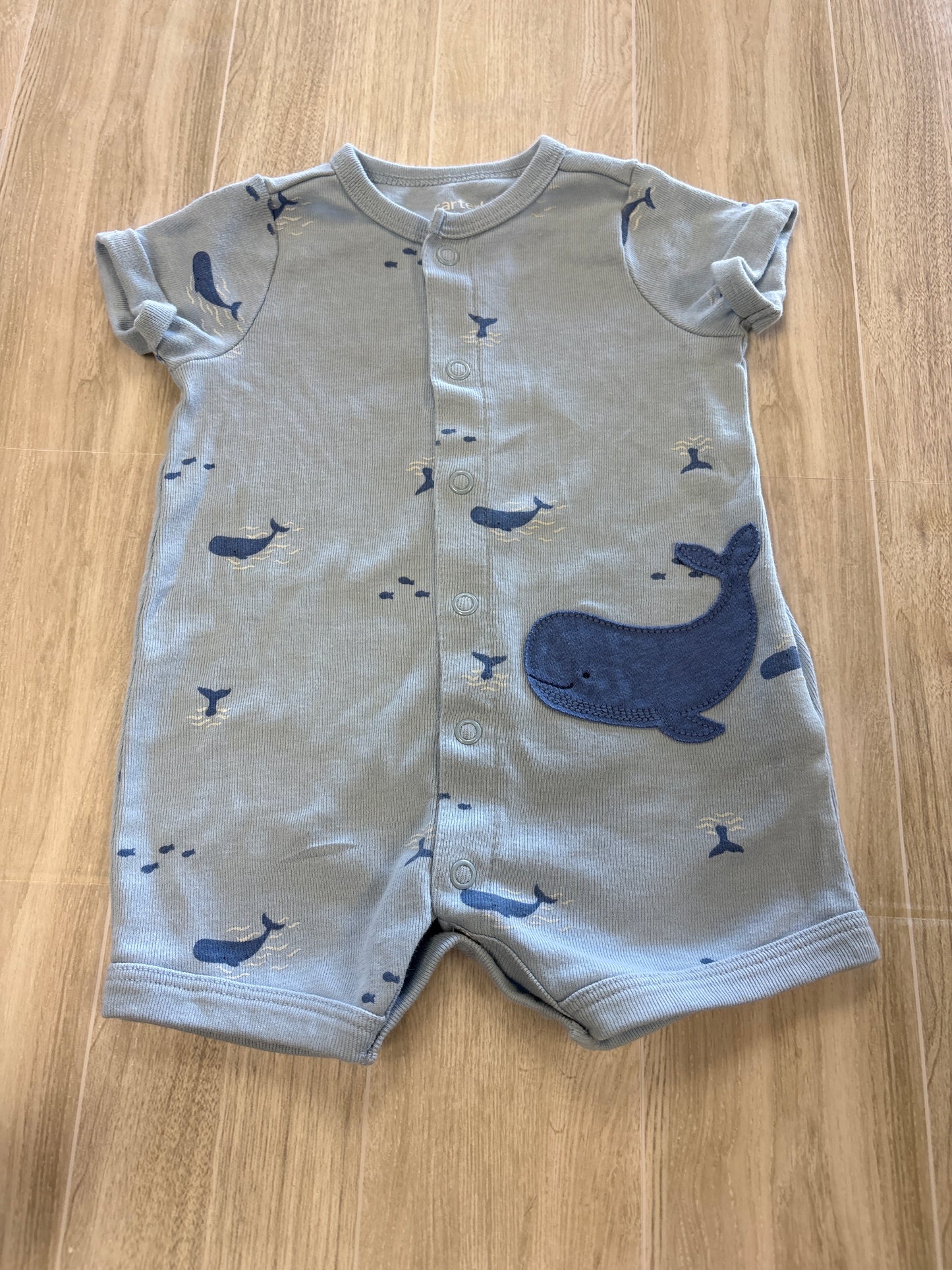 0-3m Blue Whale Button Shortie Romper