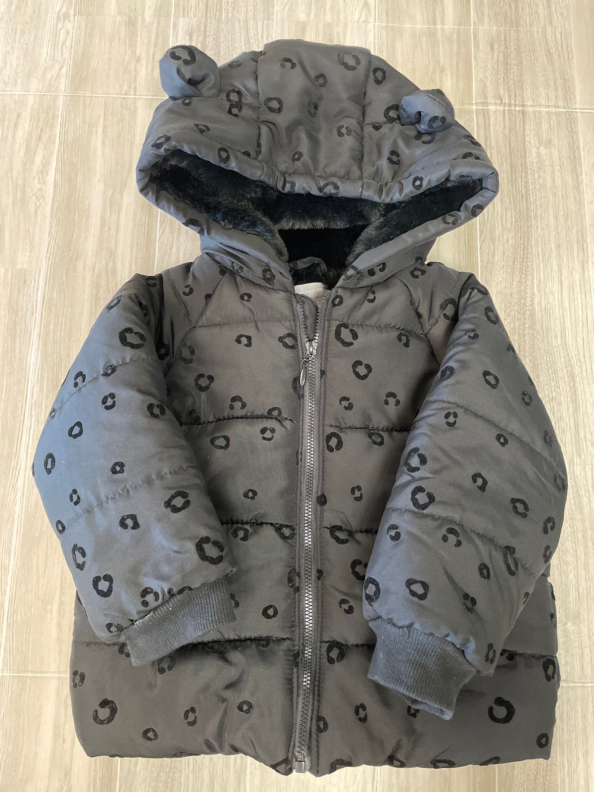 24m Black Leopard Hooded Puffer Jacket