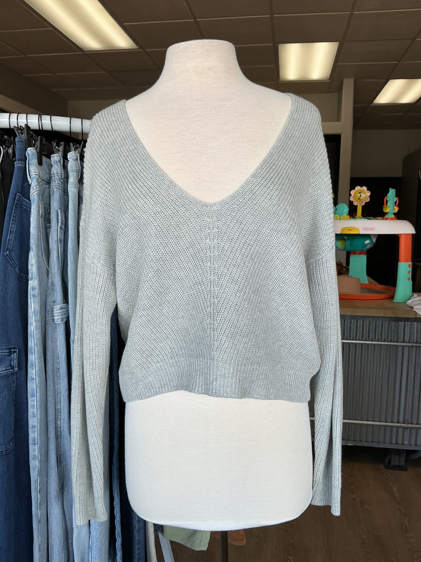 Womens Xsmall Grey Cable Ribbed V Neck