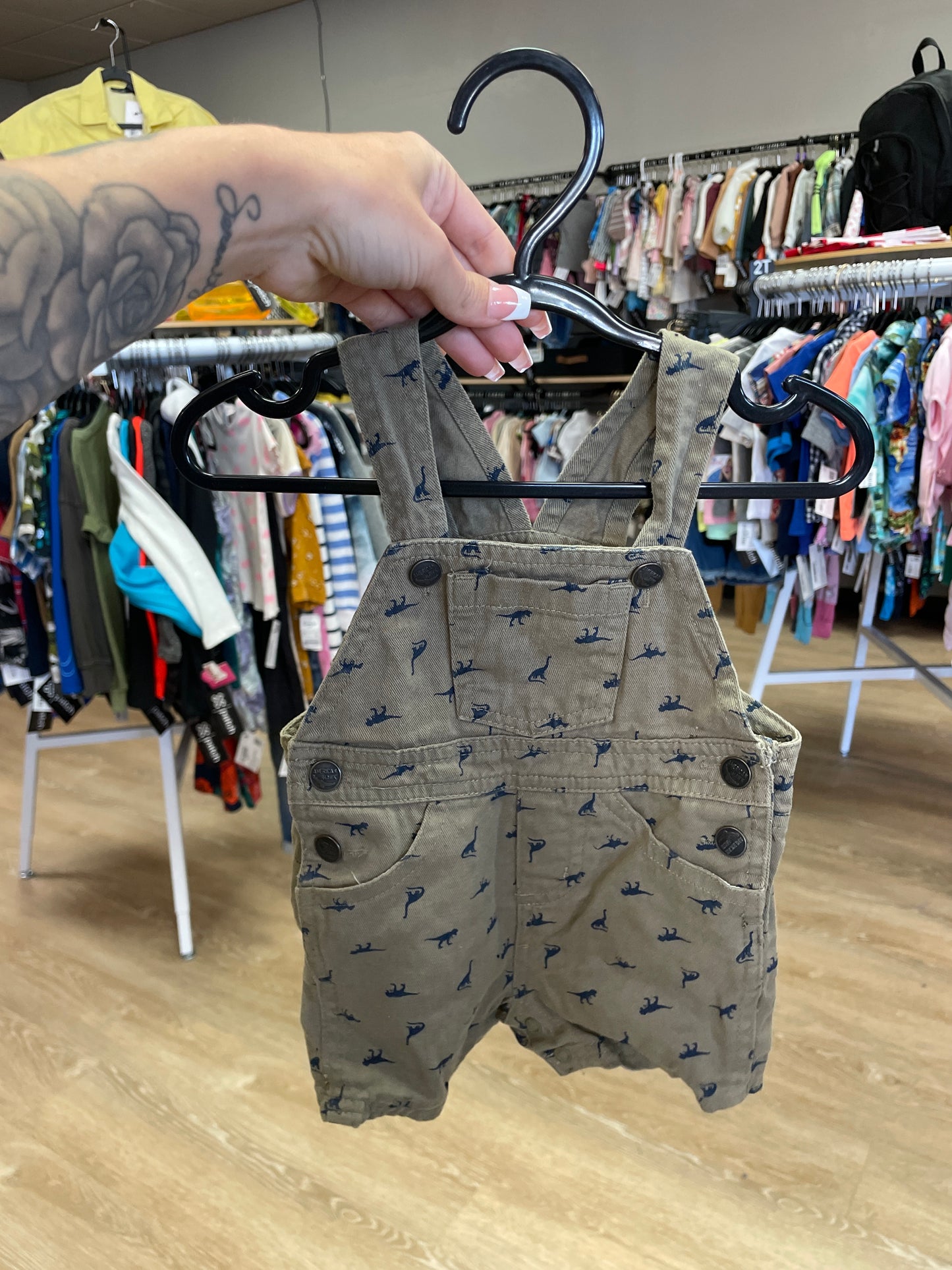 0-3m Green Dino Overalls
