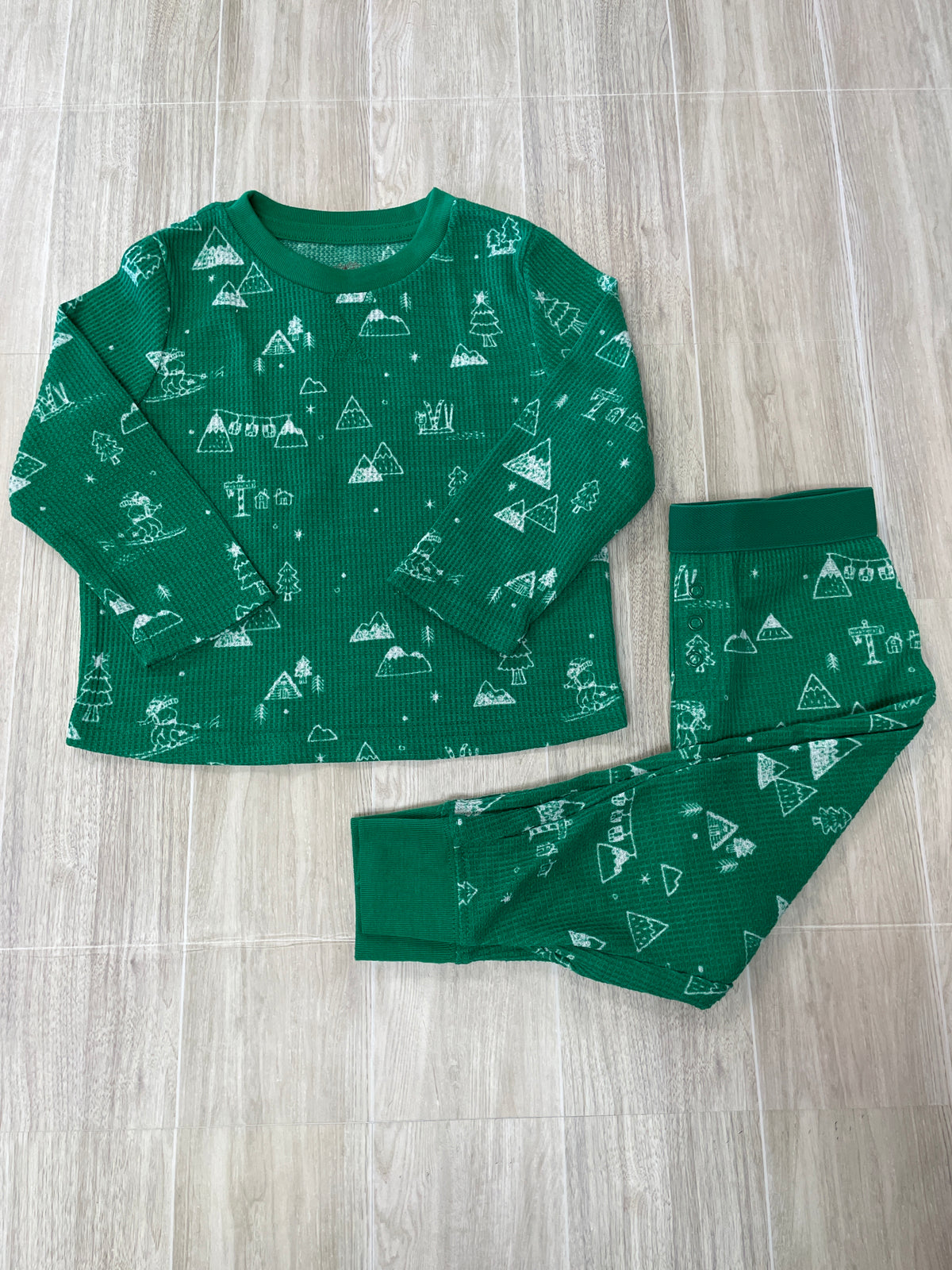 18m Green Holiday Waffle Knit 2 Piece Pajama Set