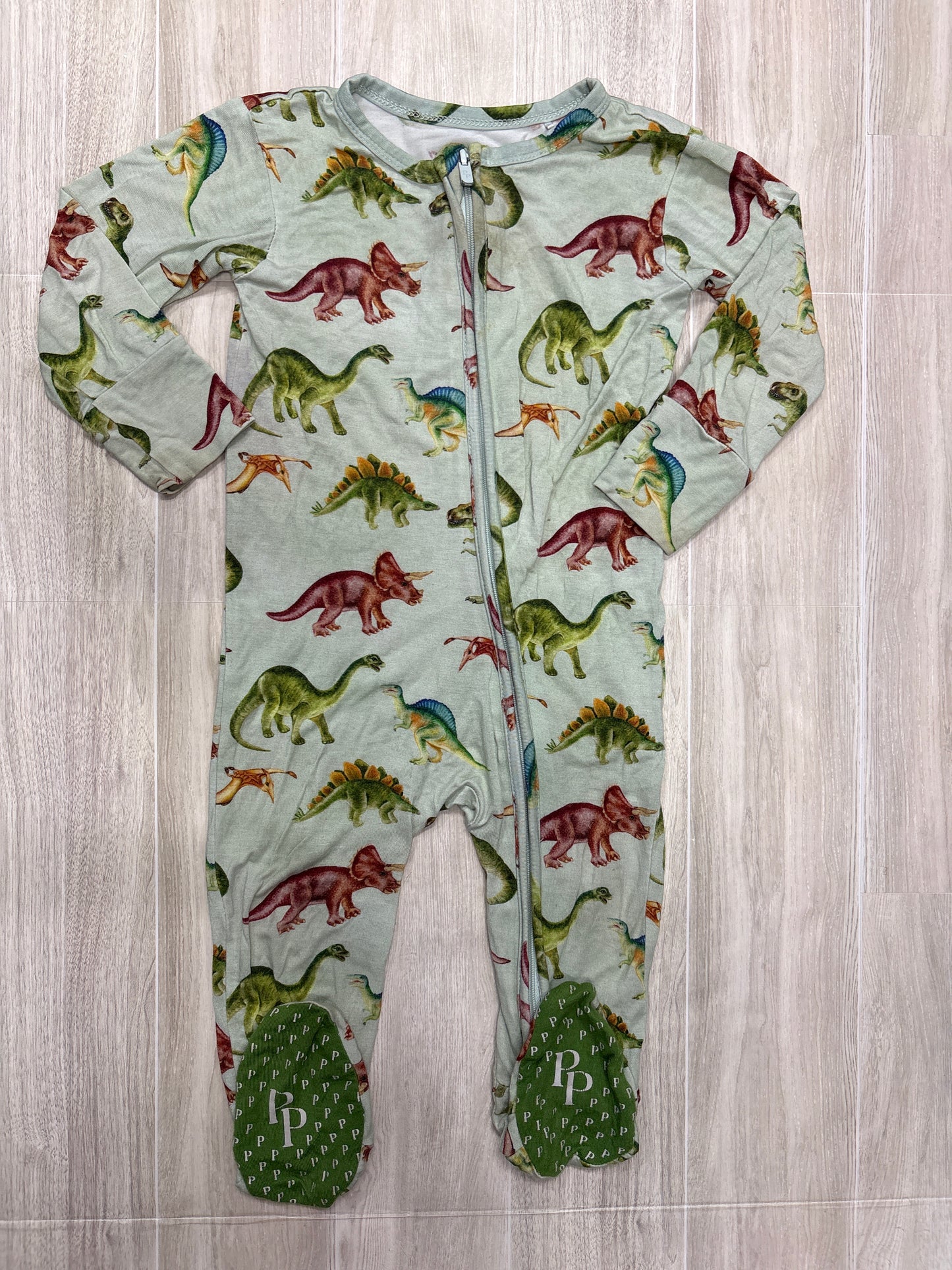 9-12m Light Green Dino Footed Pajama