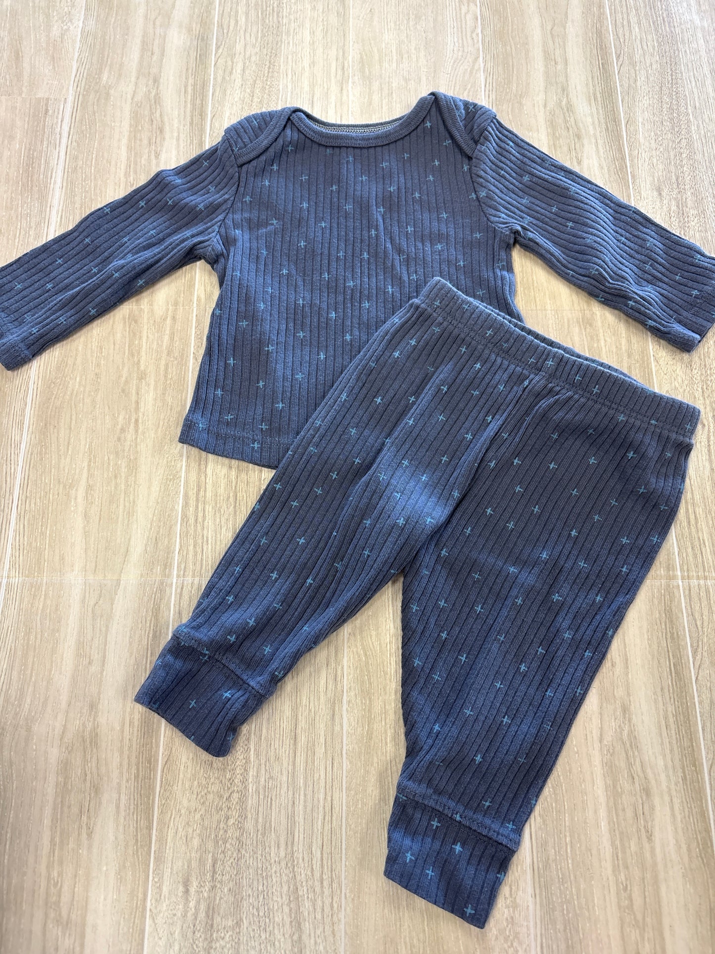 0-3m Blue Ribbed Plus Sign Shirt + Legging Set