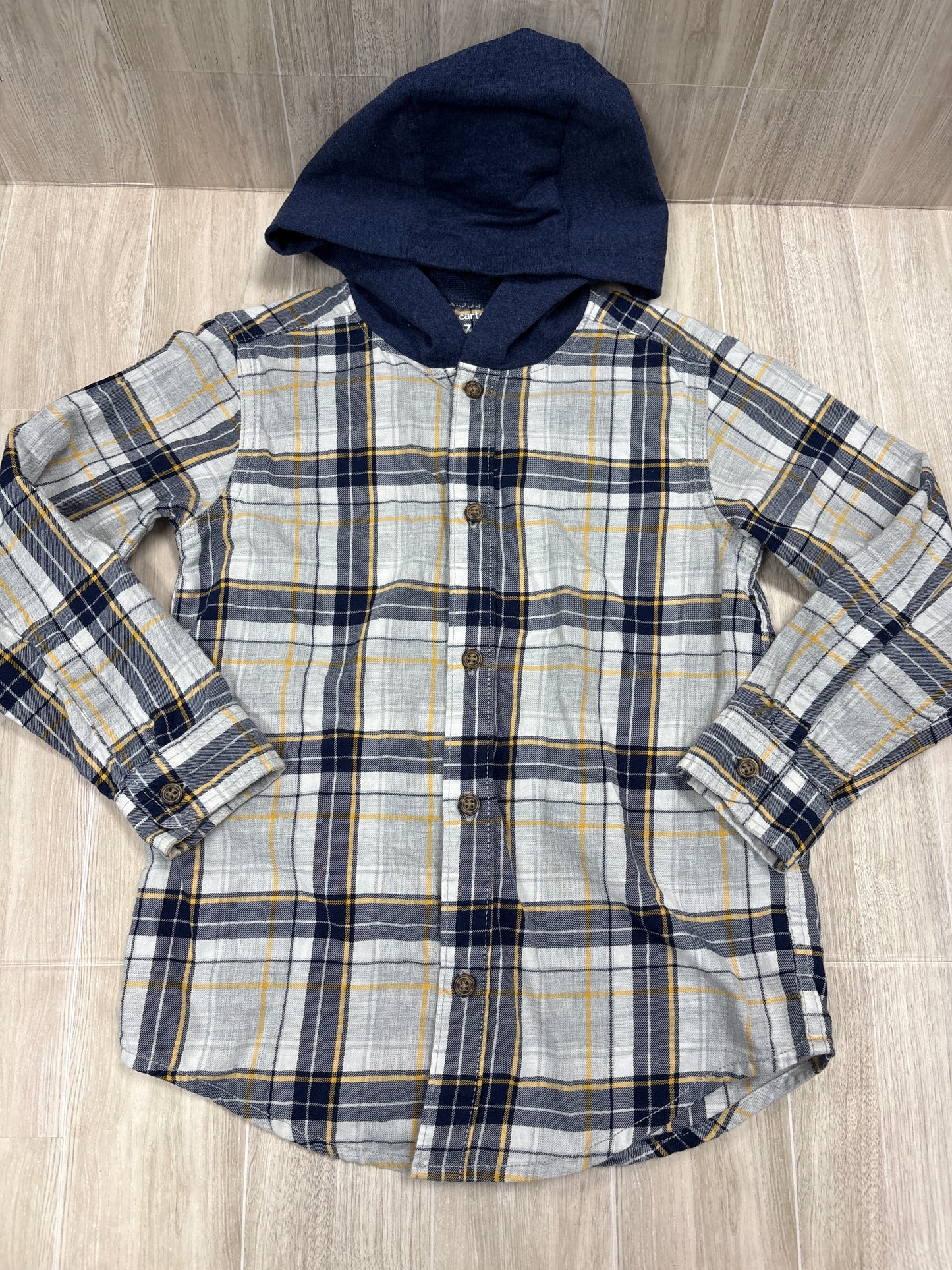 7 Blue Plaid Hooded Button Up Flannel