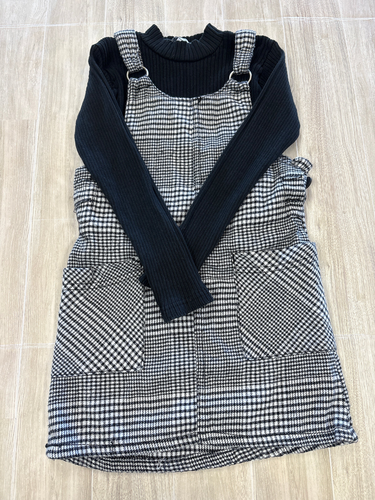 6 Madden Girl Houdstooth Overall Dress + Black Ribbed Mock Neck Long Sleeve