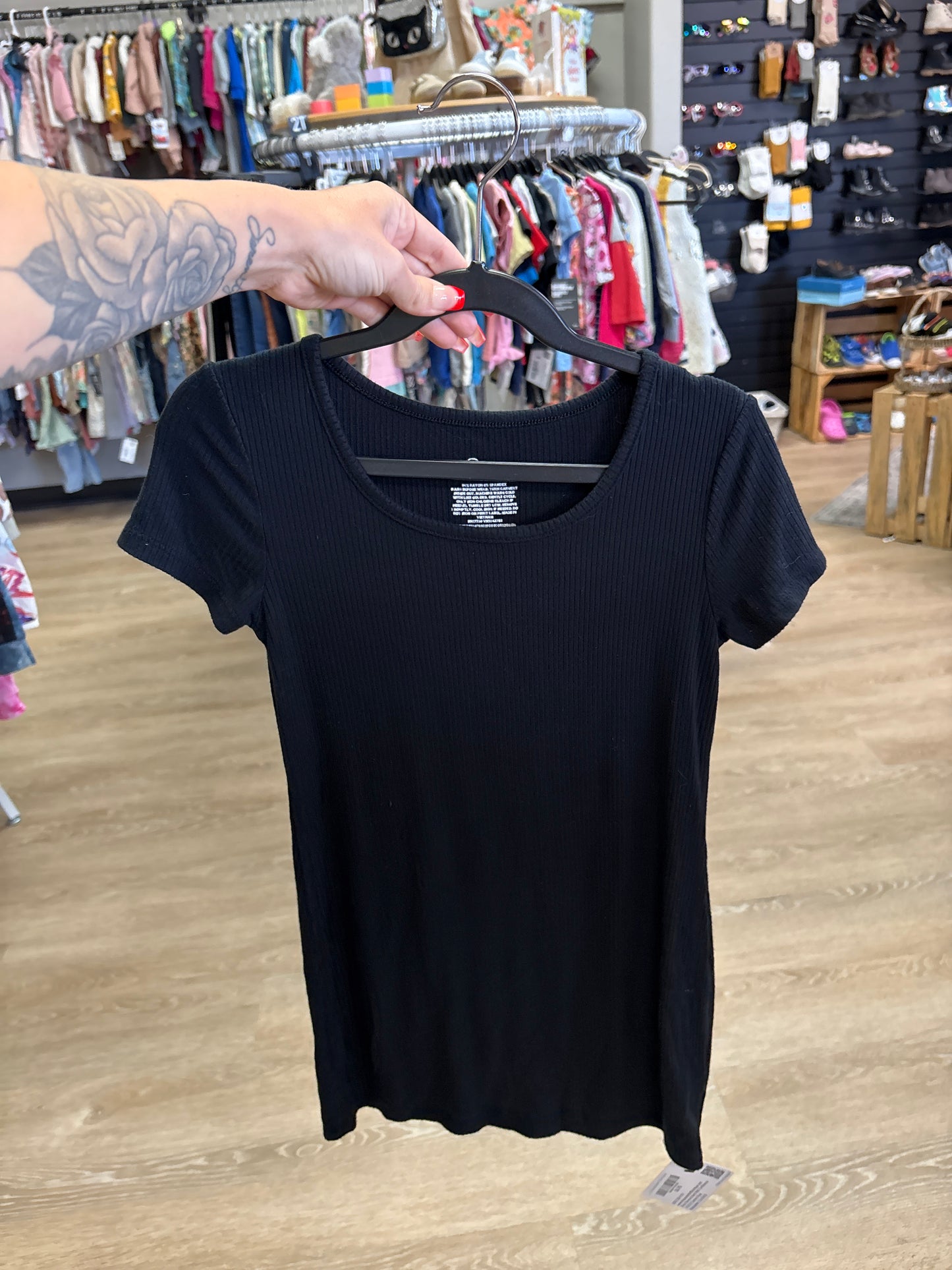 6/7 Black Ribbed T-Shirt Dress