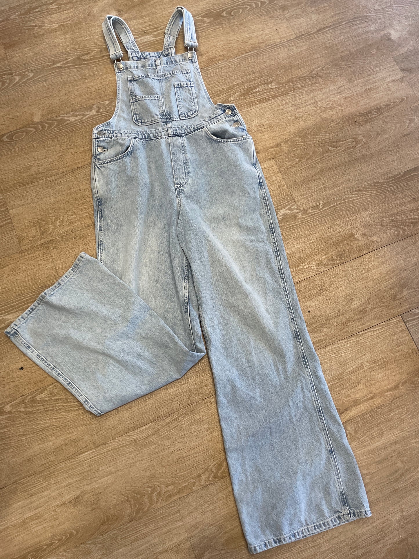 Womens Large Zara Wide Leg Light Wash Overalls