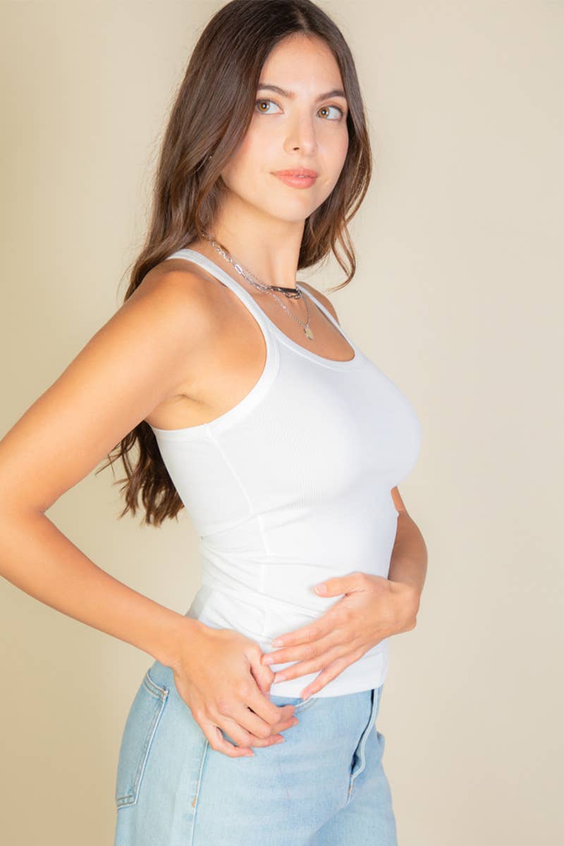 CAPELLA APPAREL - Solid Ribbed Knit Cami Top: WHITE / L