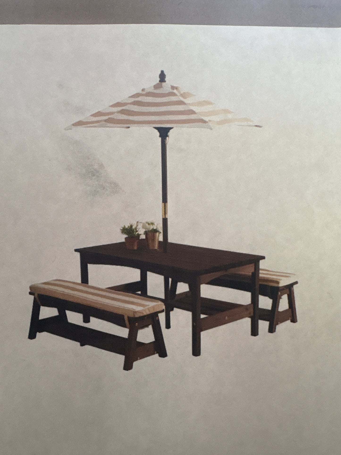 NEW KidKraft Patio Set with Cushions and Umbrella - Dark Wood with Tan Stripes
