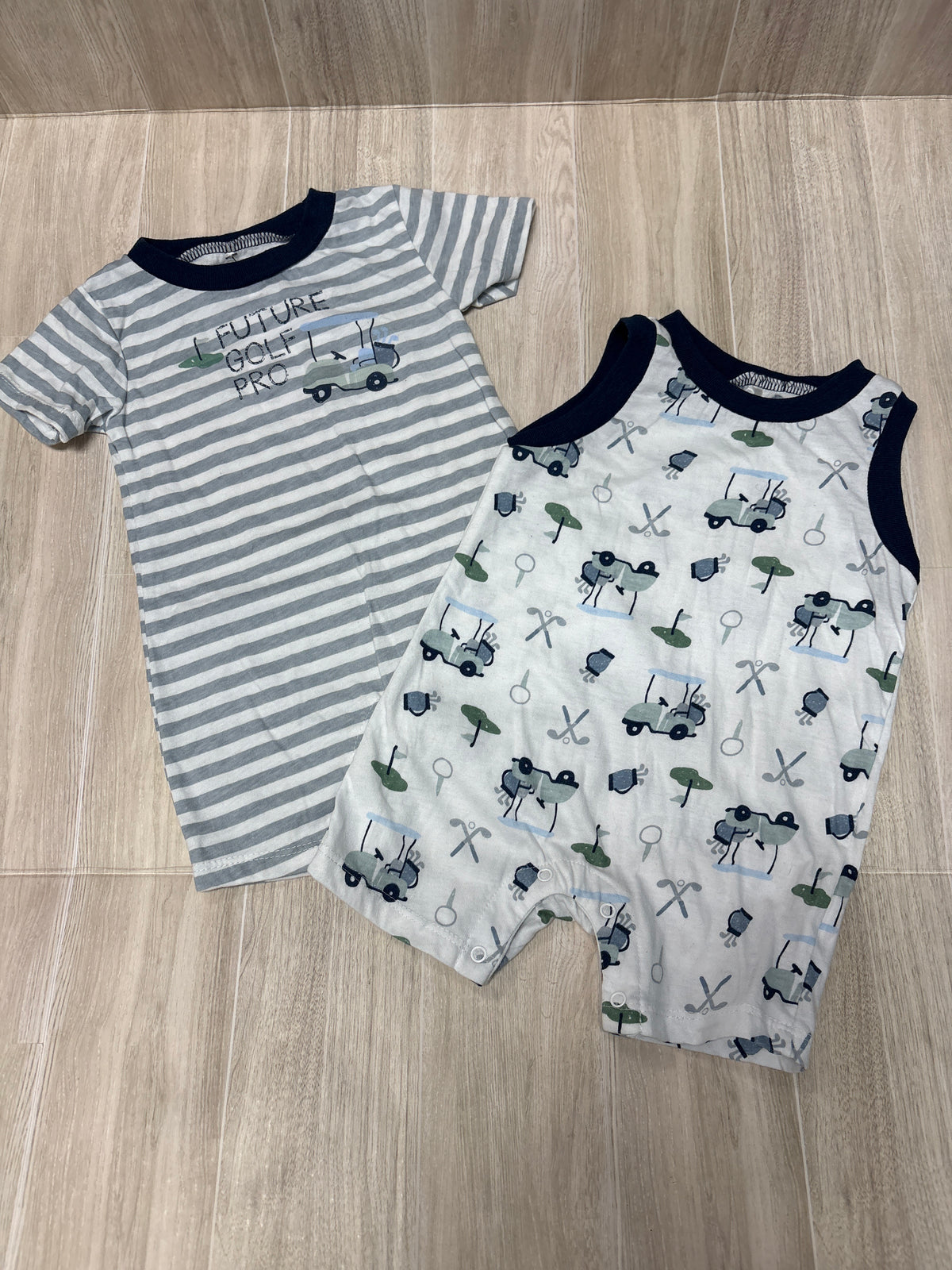 6-9m Golf/Striped Shortie Romper 2 Pack