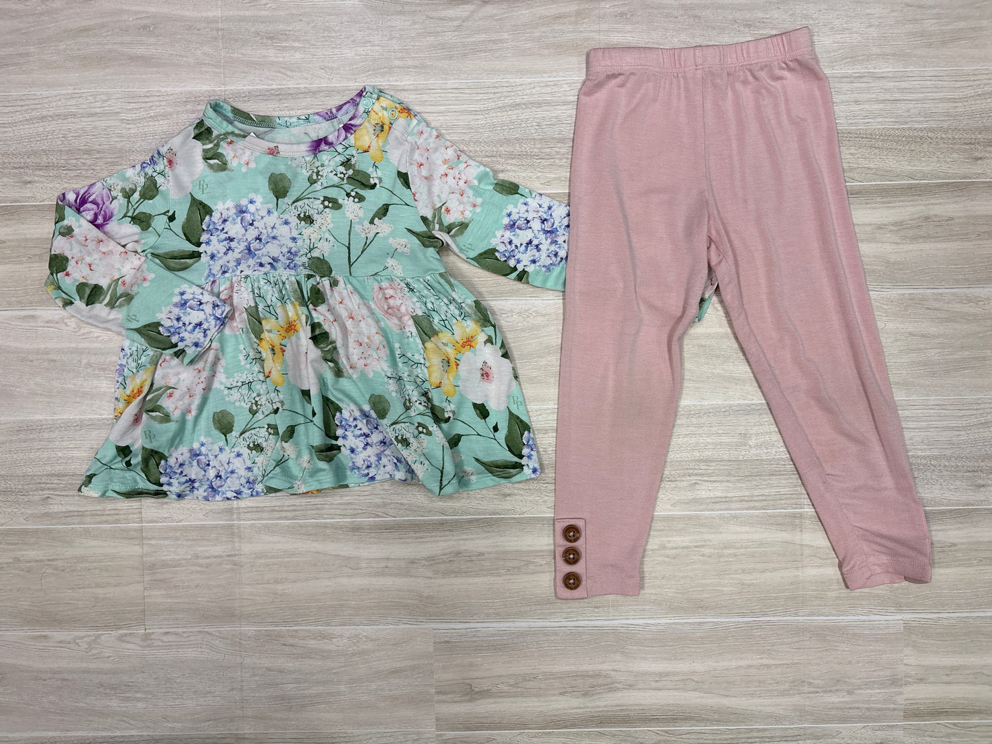 2T Posh Peanut Green Floral Top + Light Pink Leggings Set