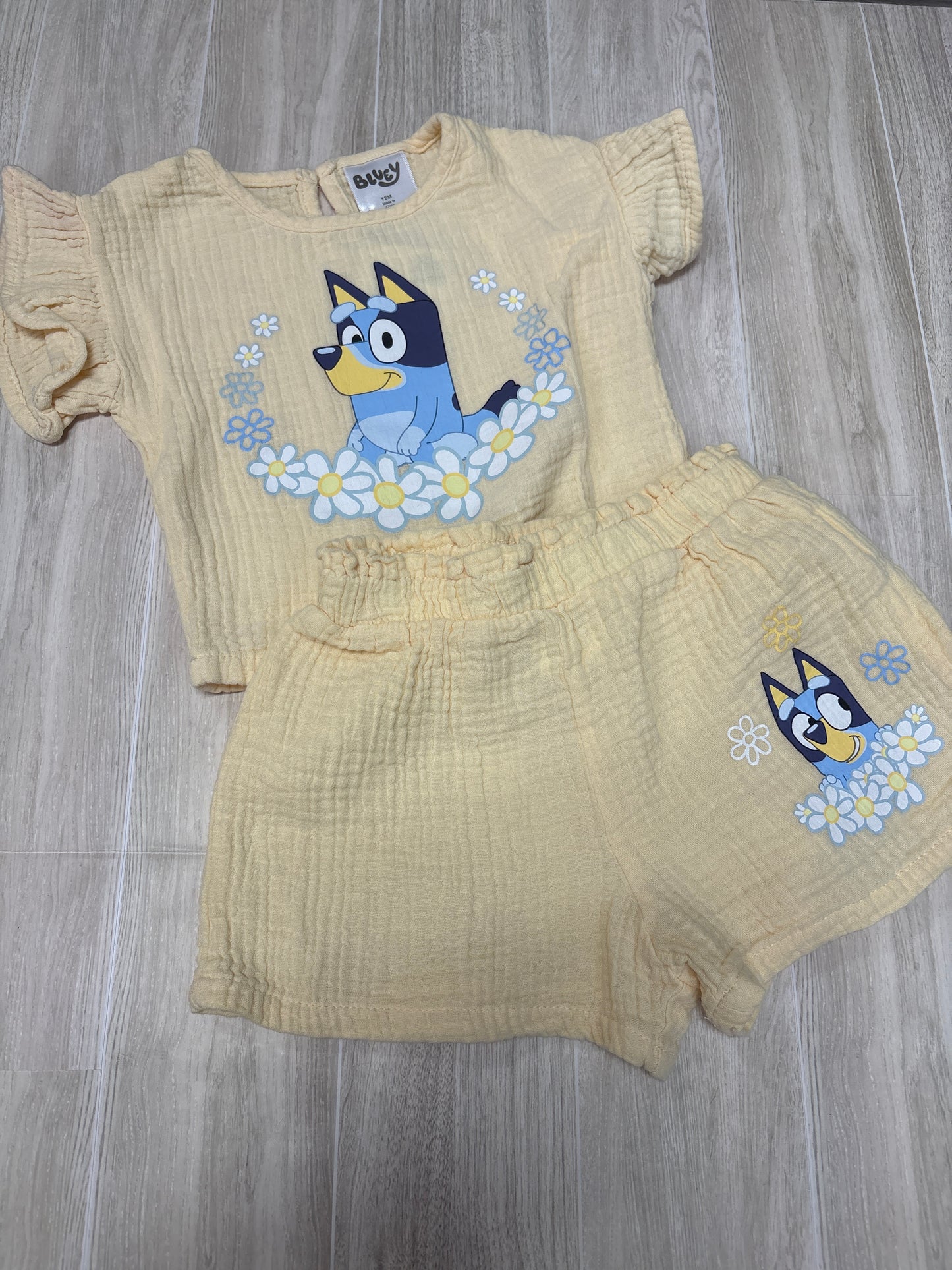 12m Yellow Gauze Bluey 2 Piece Shortie Set
