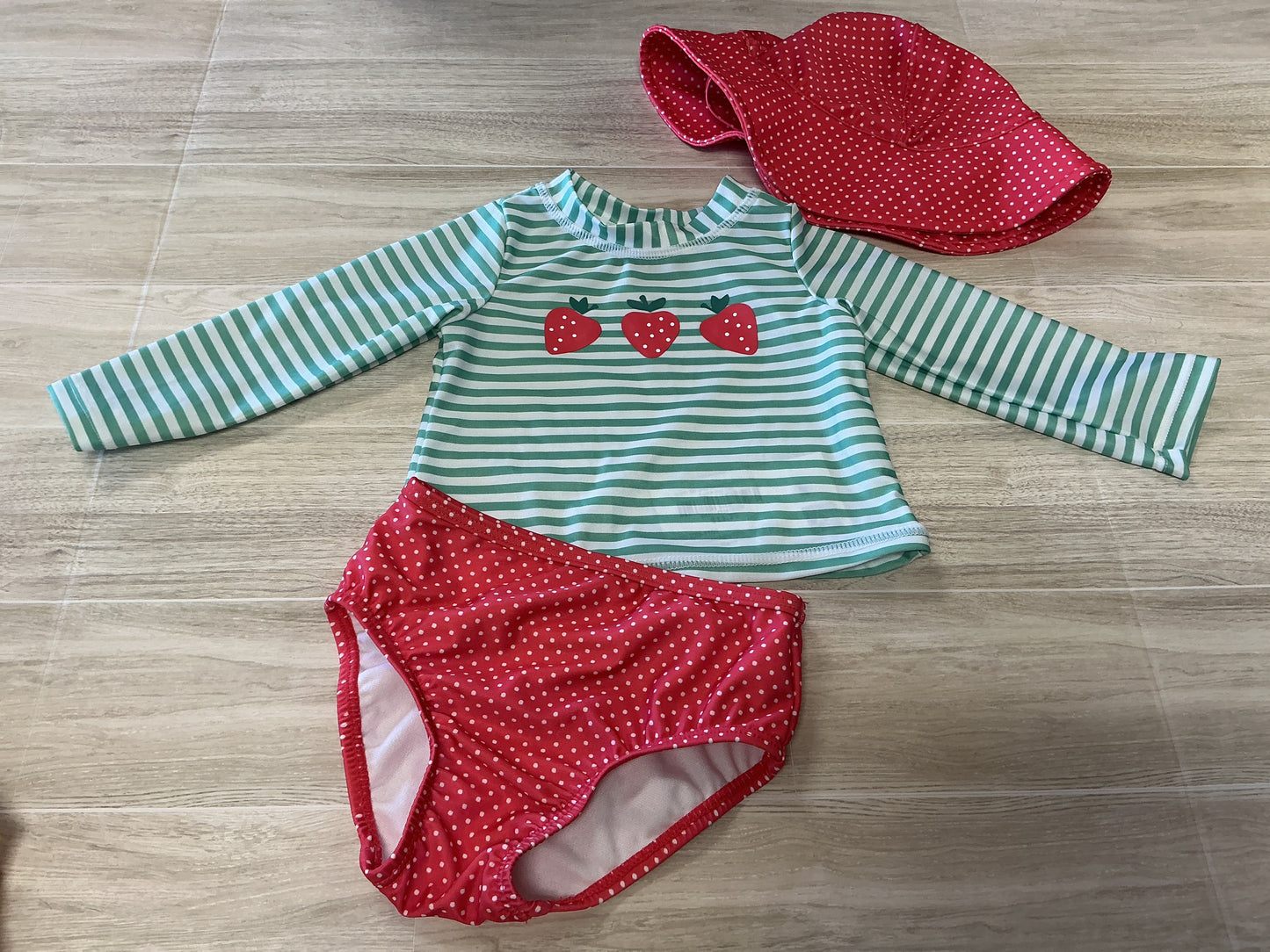 6-9m Striped Strawberry Swim Suit + Hat Set
